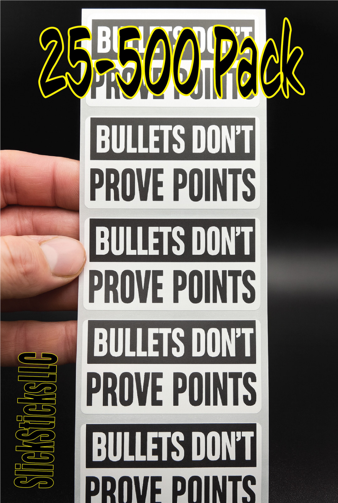«BULLETS DON’T PROVE POINTS» 25-500pc stickers bulk labels silence opinion kirk