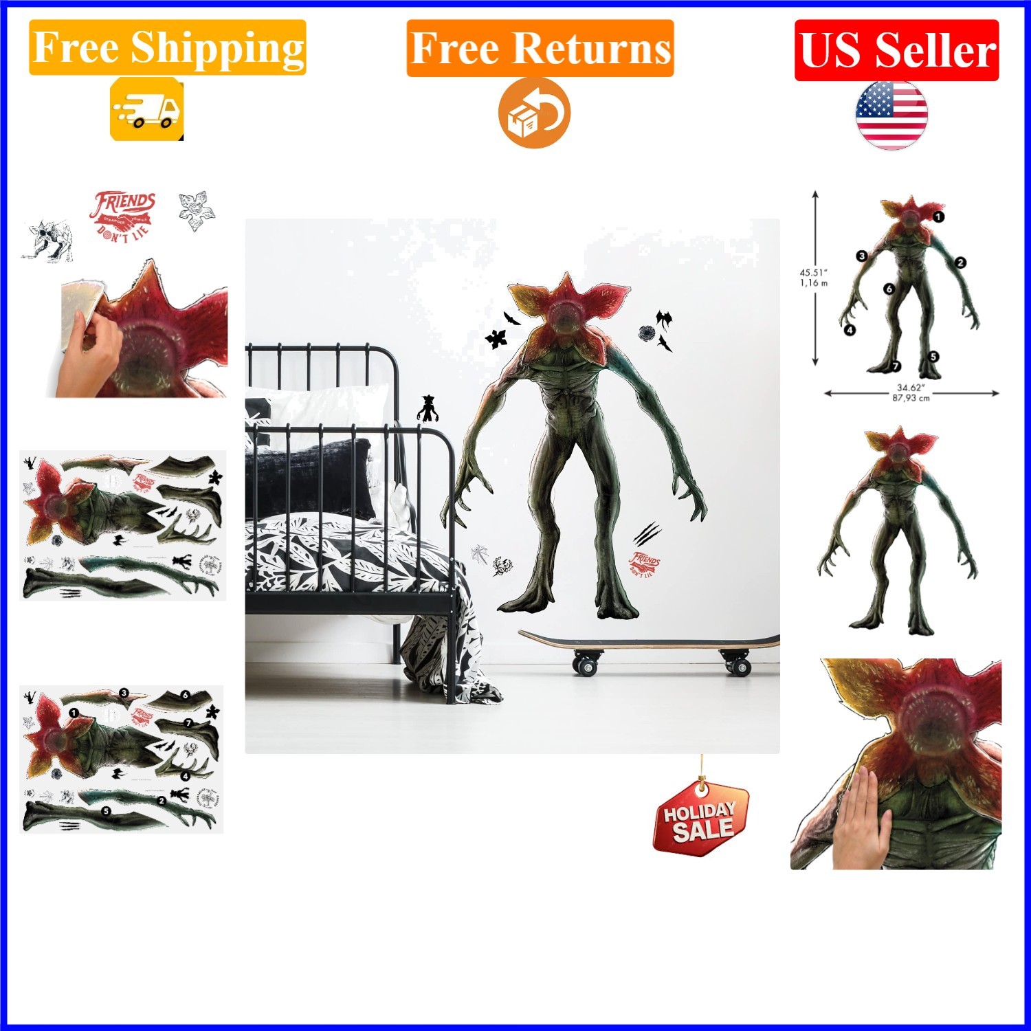 Stranger Things Demogorgon Wall Decal Set, Reusable Vinyl Stickers, 23 Pieces