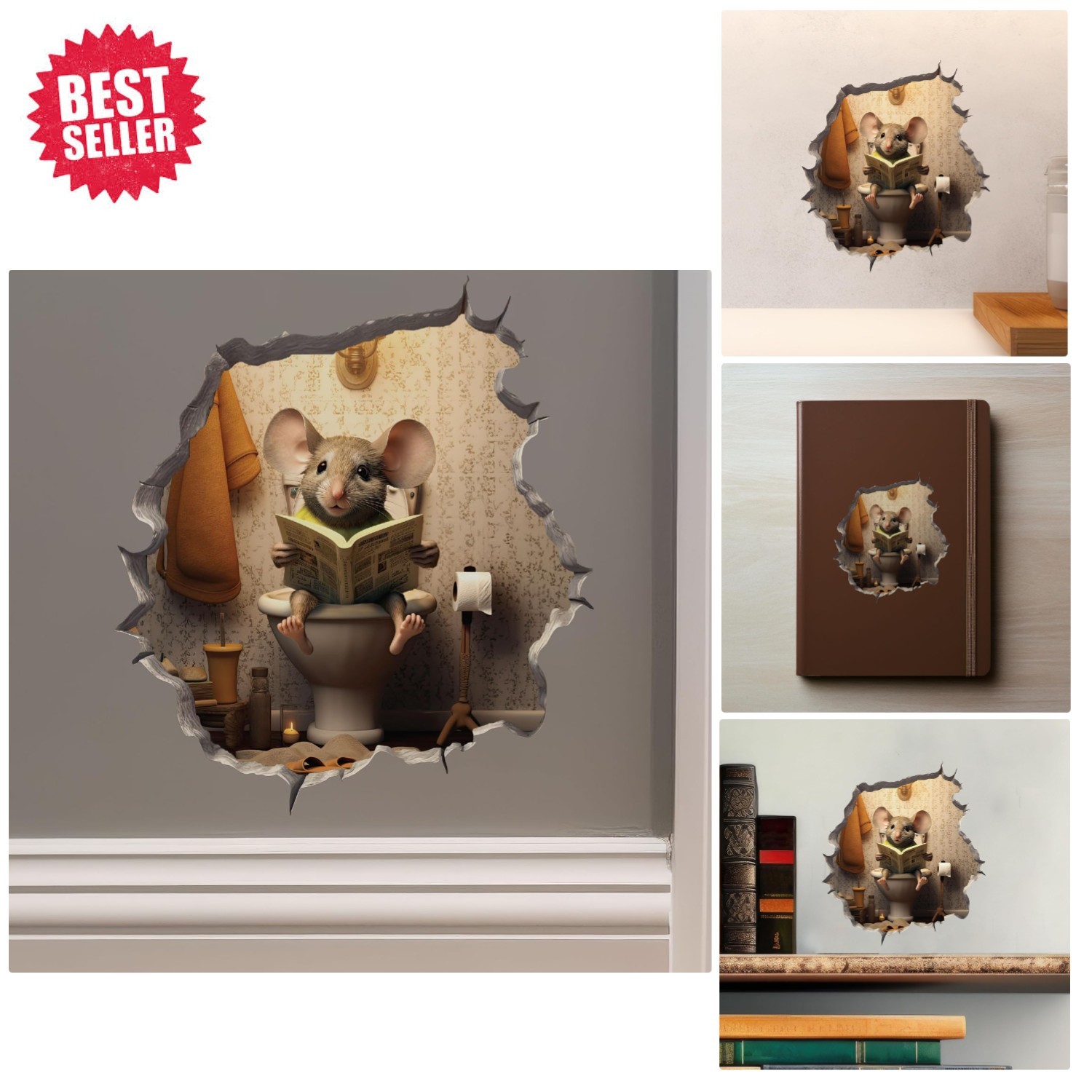 Charming Mouse on Toilet Wall Decal – Easy Peel-and-Stick Decoration for Kids