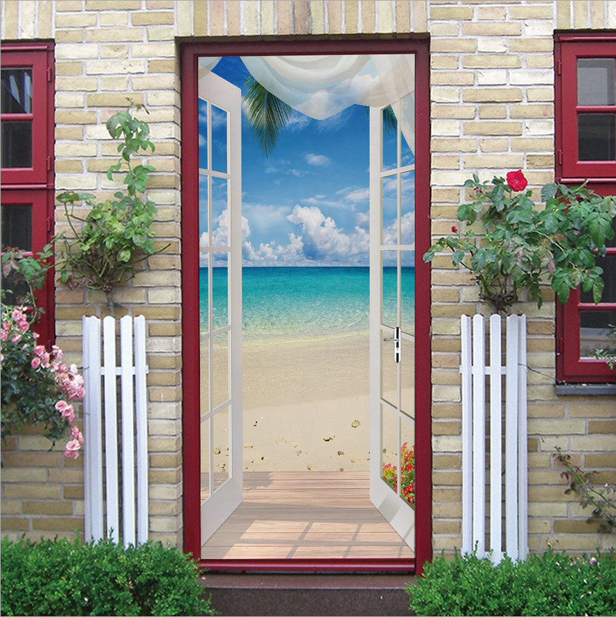 3D Wall Art Seaside Beach Ocean Door Sticker PVC Decal Self-adhesive Wrap Mural
