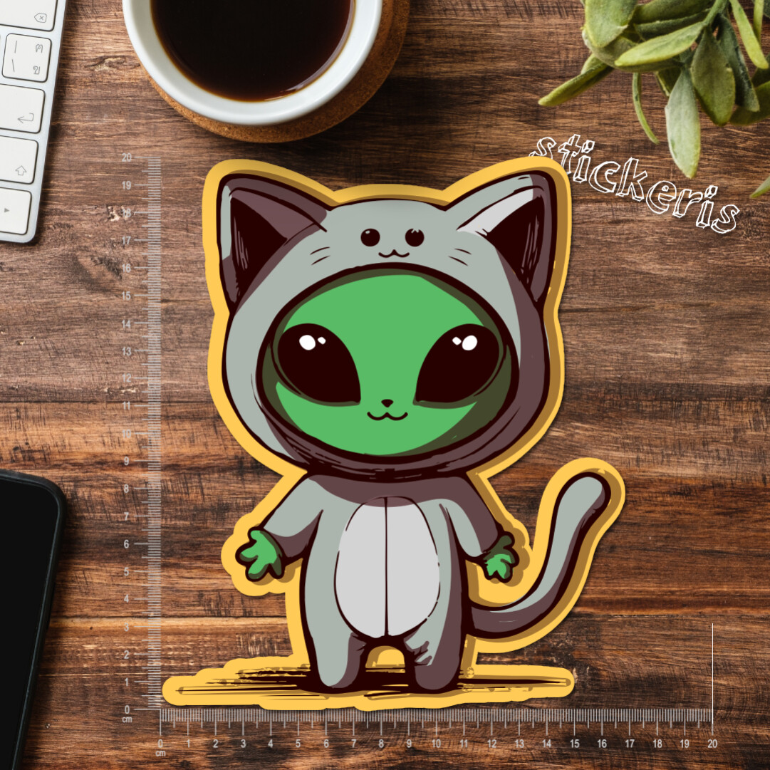2x Alien wearing a kawaii cat suit sticker 2-12″ (up to 47″) | buy 2 get 1 free
