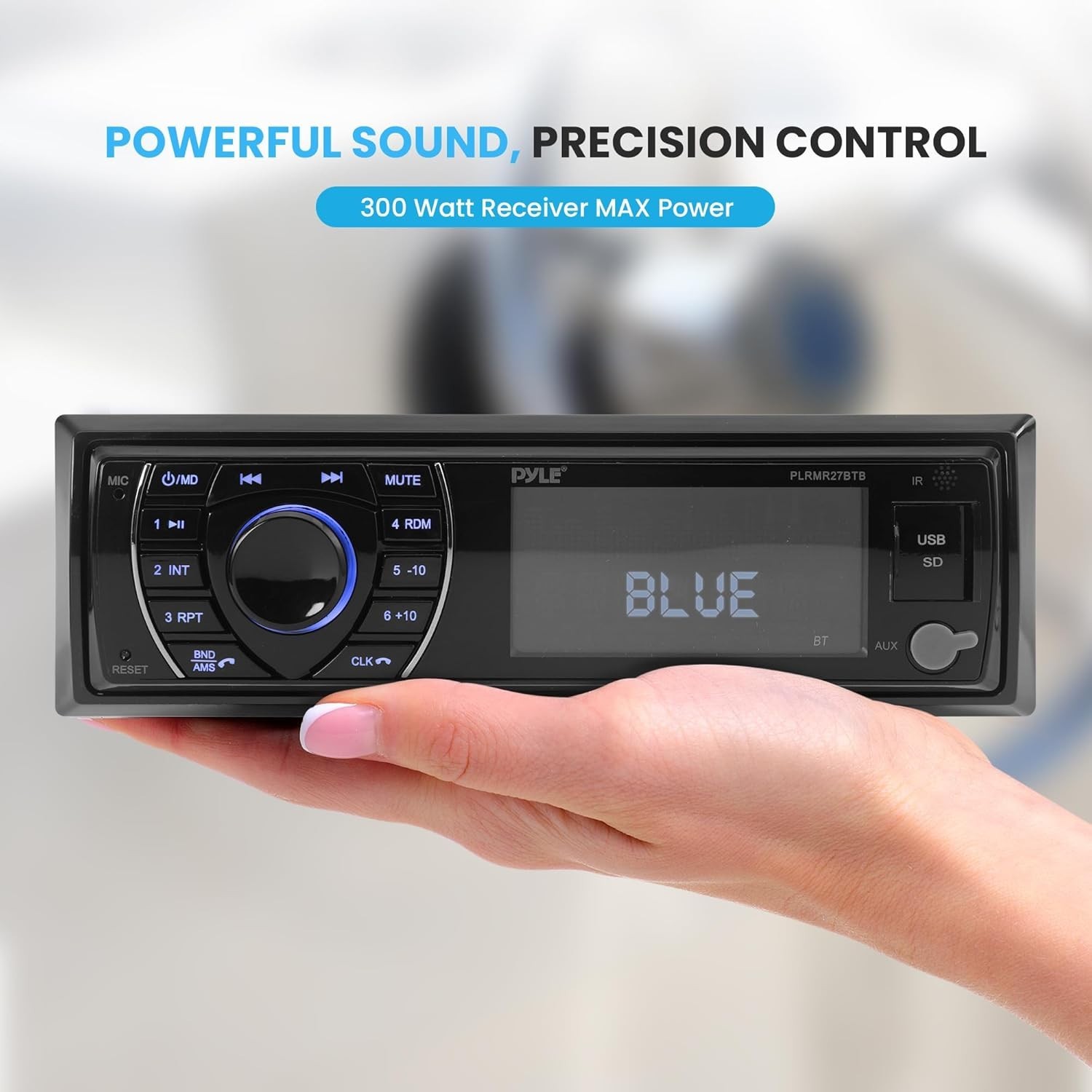 300W Bluetooth Marine Stereo Receiver – Single DIN In-Dash AM/FM Radio with USB/