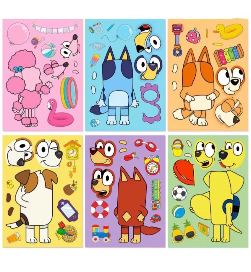 Set of 12 Bluey Inspired Fun DIY Build a Character Stickers Activity Sheets