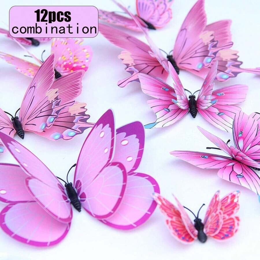 3D Butterfly Wall Stickers 12pc Pink PVC Magnet Decals Double Layer Bedroom Home