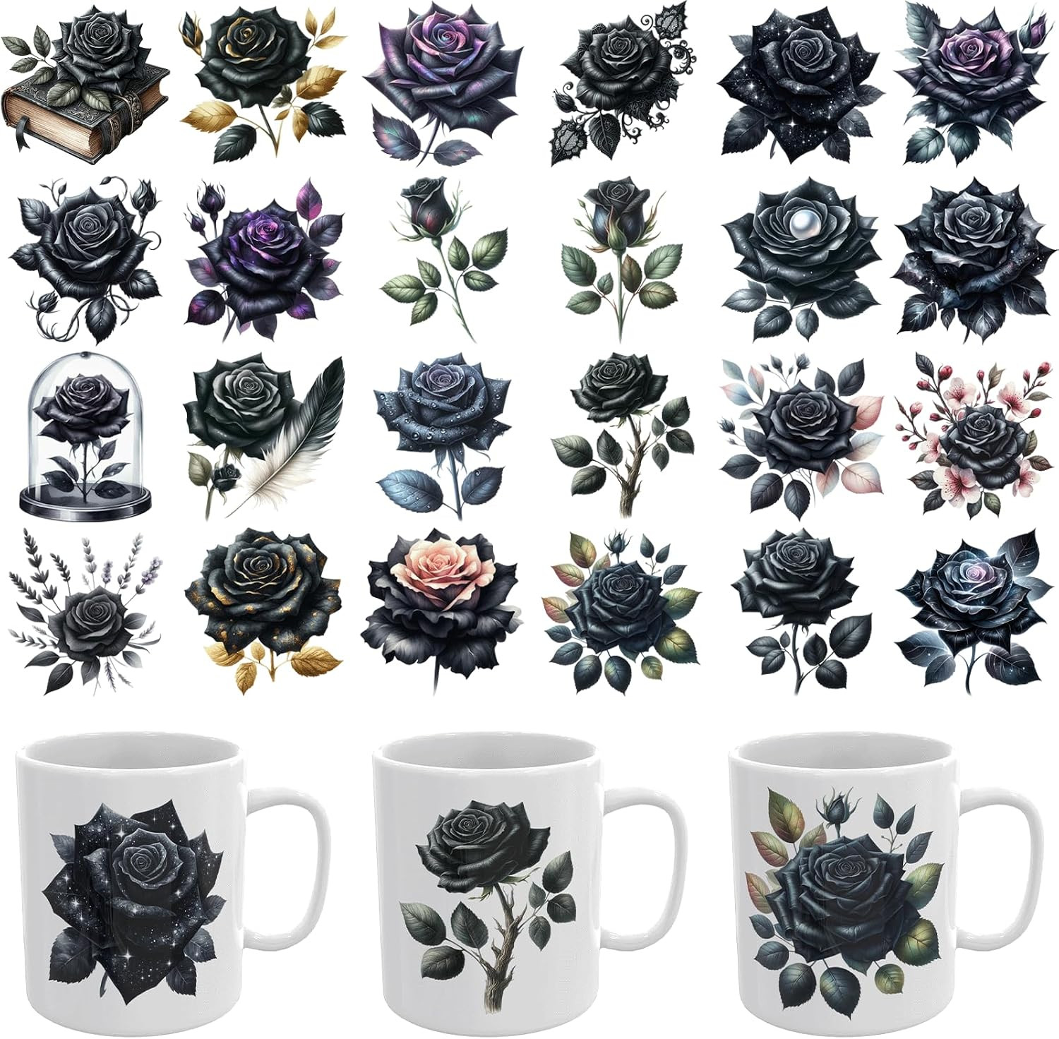 24PCS UV DTF Stickers Black Roses UV DTF Cup Wrap for Mugs Glass | Cold Transfer