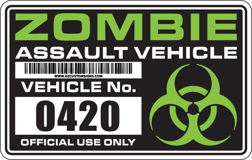 Zombie ASSAULT VEHICLE Permit – Green – Full Color Decal/Sticker