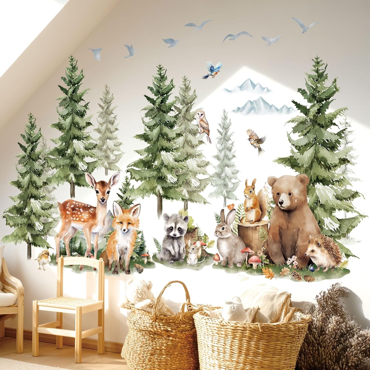 Large Watercolor Pine Tree Woodland Animals Wall Decals SG4-2422)