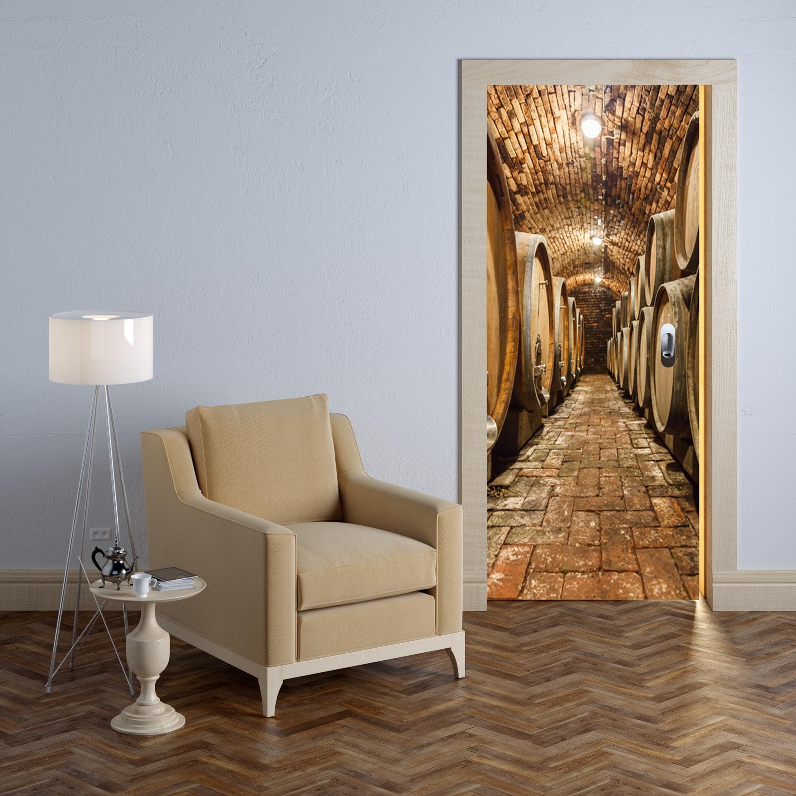 RoyalWallSkins Door Mural Wall Sticker Oak Barrels in Wine Cellar – Fabric Ma…