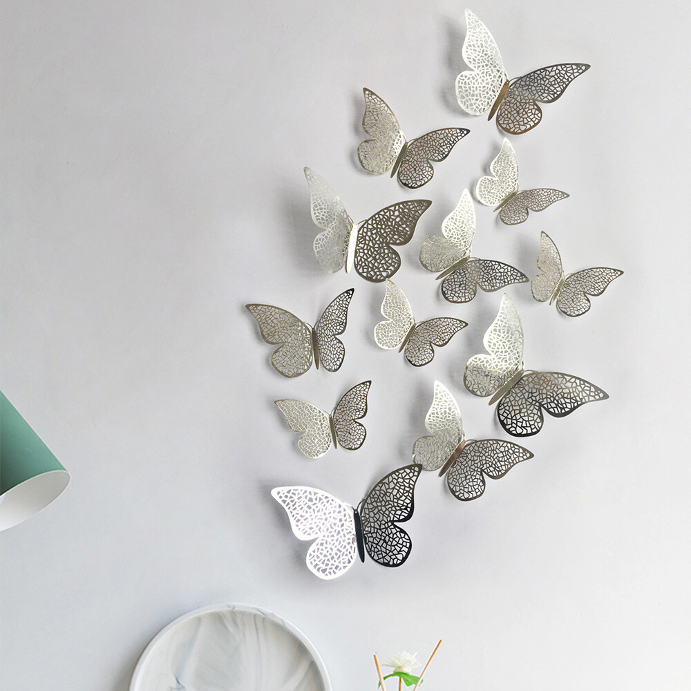 12 pcs 3d cute silver butterfly wall decor, party, wedding, diy