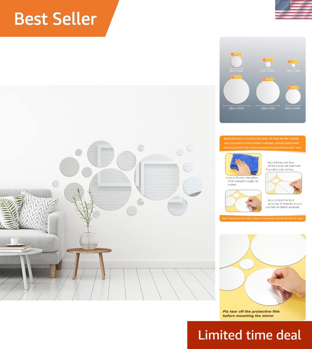 32 Pcs Acrylic Mirror Wall Stickers Removable Round Wall Decal Circle Mirror …