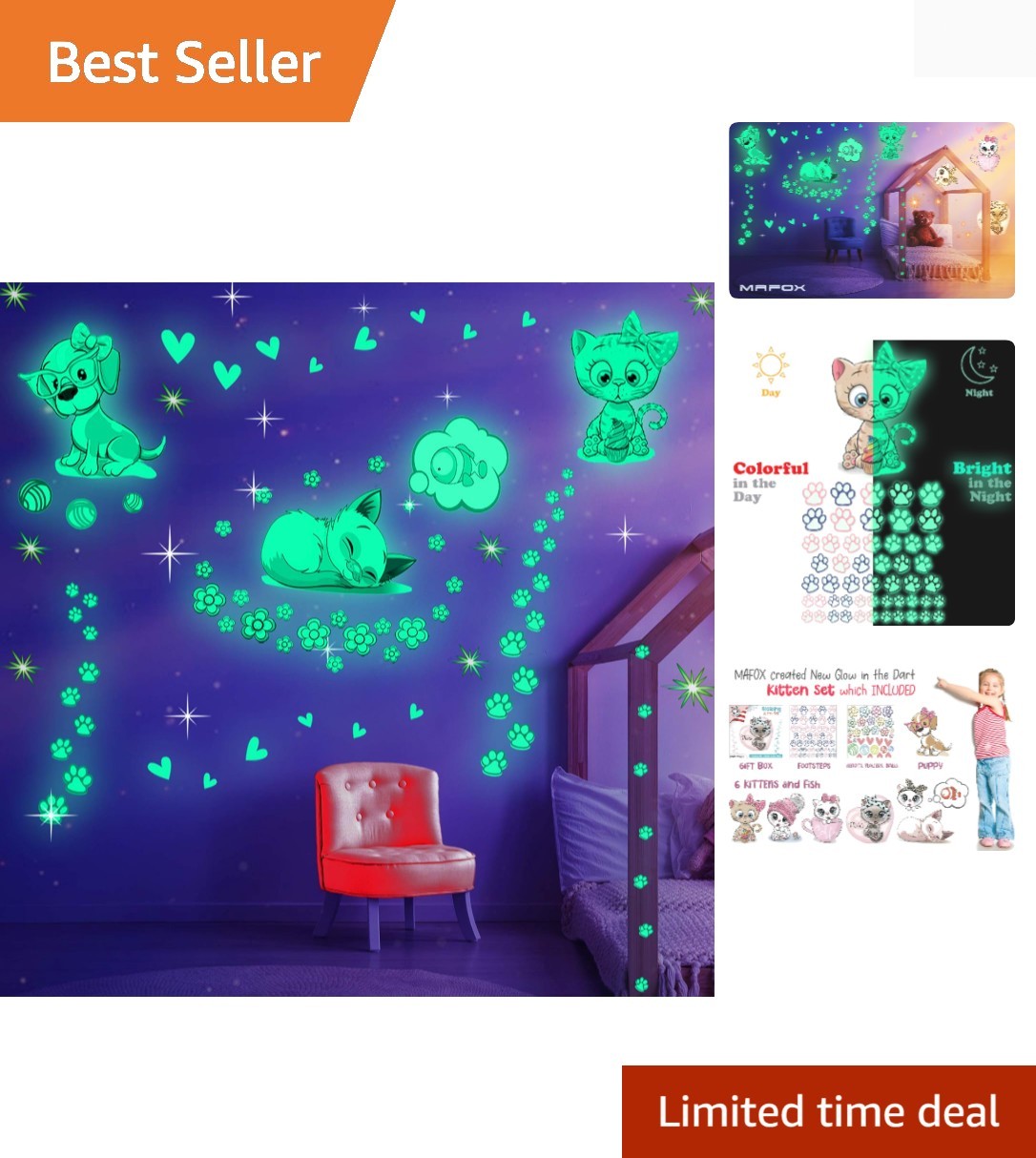 Glow in the Dark Cat Stickers with Dog and Fish, Wall Decals Sticker for Kids…