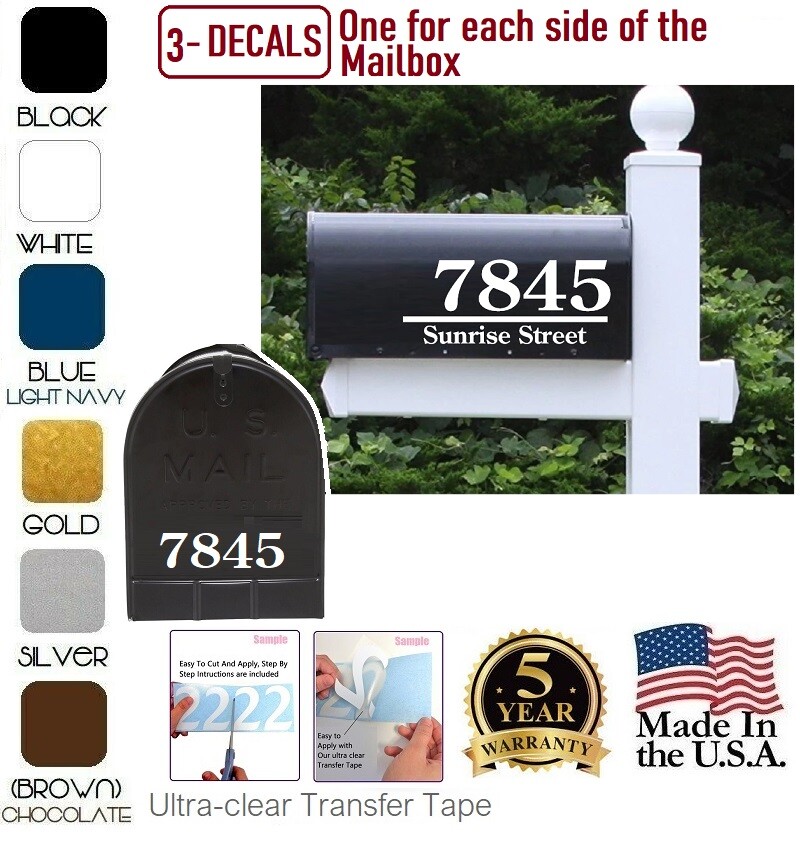 SET OF 3 CUSTOM MADE PERSONALIZED VINYL MAILBOX NUMBERS ADDRESS DECAL, (Model 3)
