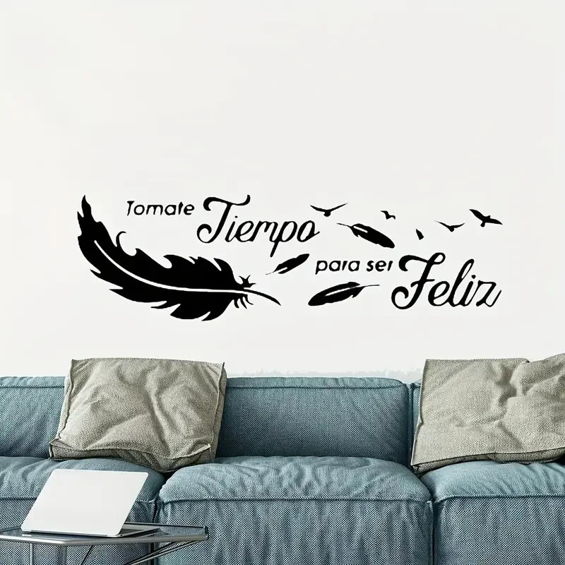 Spanish Phrases Feather Wall Stickers «Tomate Tiempo Para Ser Feliz»