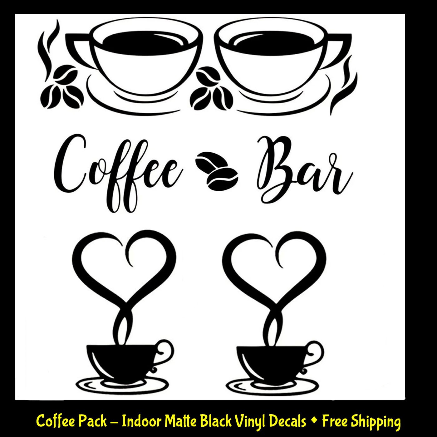 Coffee Bar & Heart Coffee Cups PK Indoor Removable Matte Black Vinyl Wall Mirror