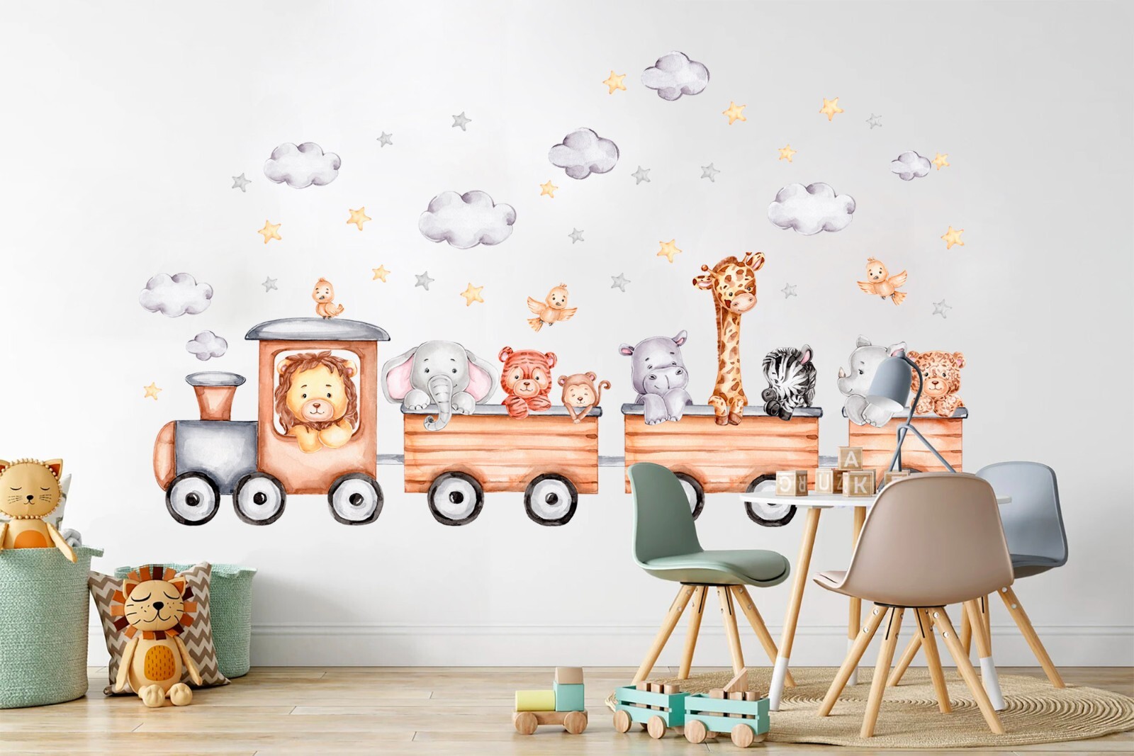 Safari Animals Train Elephant Lion Giraffe zebra Removable Wall Decal Sticker