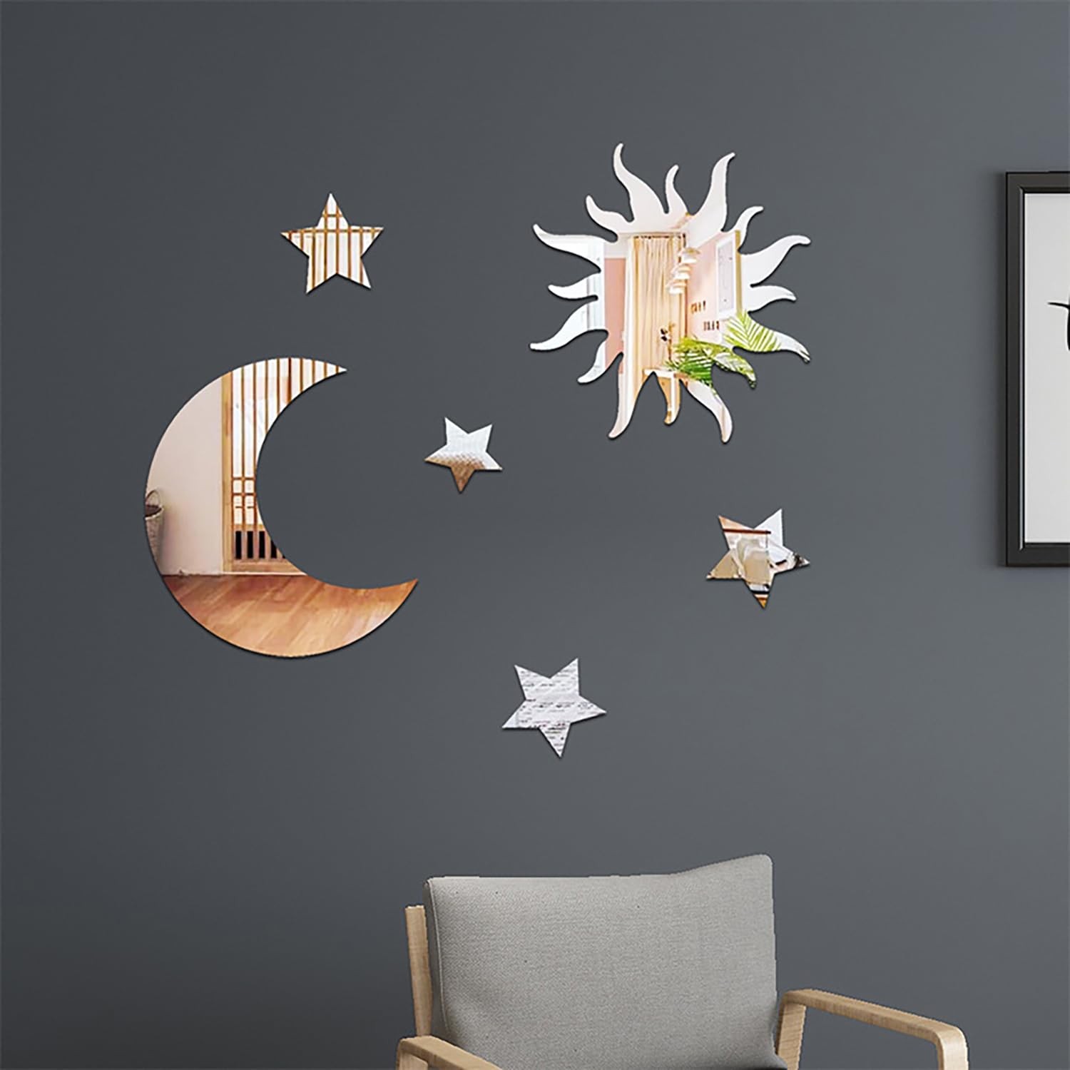 6PCS Modern Minimalist Mirror Star Sticker Decor,Acrylic Stars Decals,Sun and…