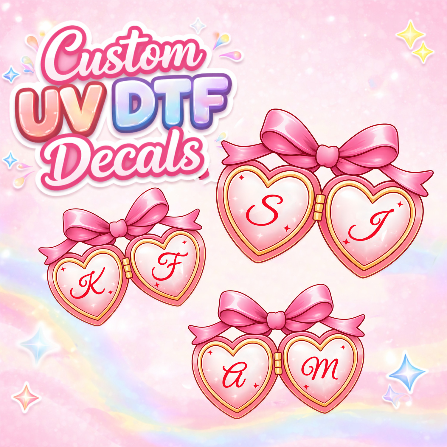 Personalized UV DTF Couple Name Decals | Heart Locket Stickers for Gifts Cups