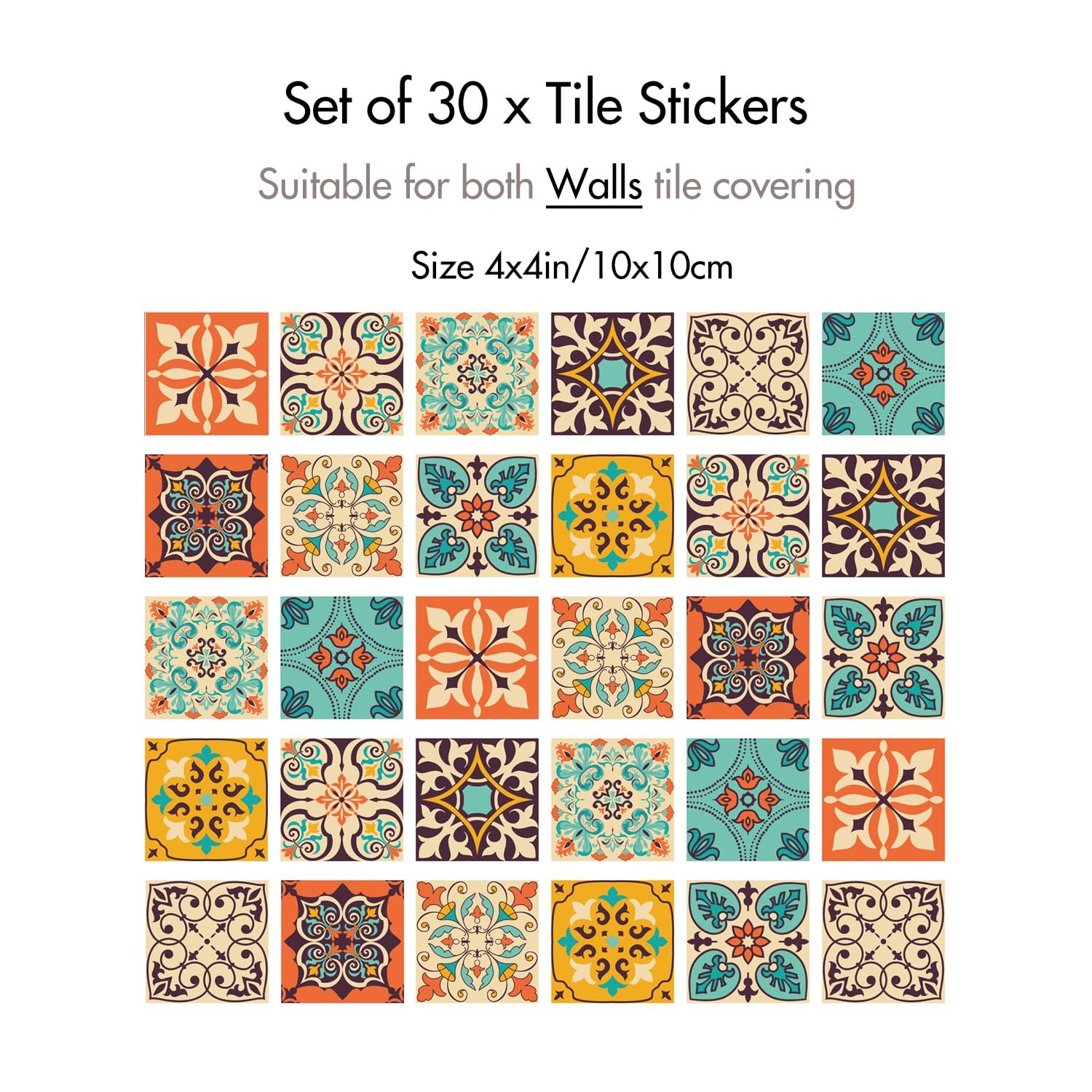 Moroccan Tile Wall Stickers 4x4in PVC Self Adhesive Set of 30