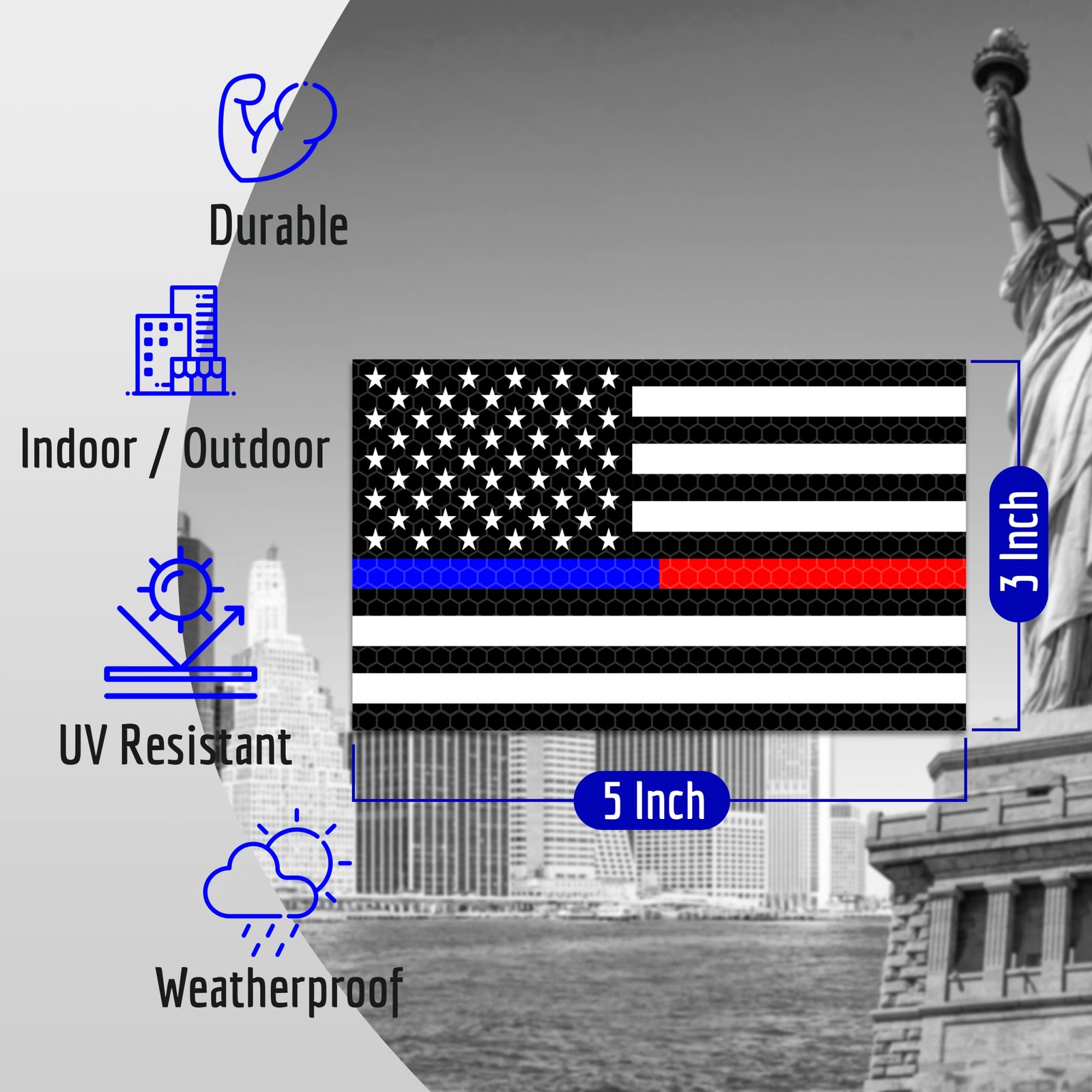 3PC Reflective Red and Blue Line Decal – 5×3 Inches – USA Thin Blue Red Line .