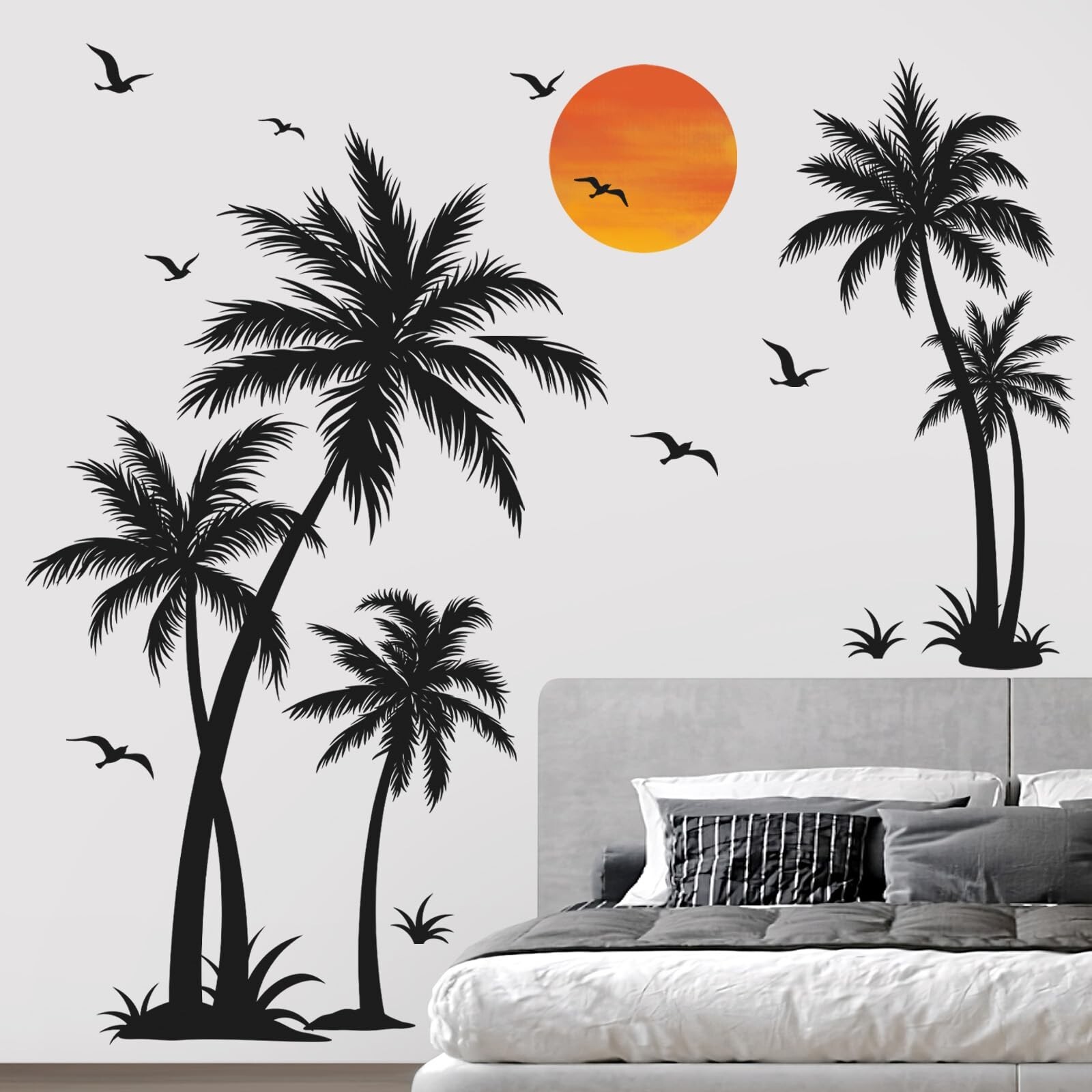 wondever Large Black Palm Tree Wall Stickers Tropical Tree Plants Birds Peel …