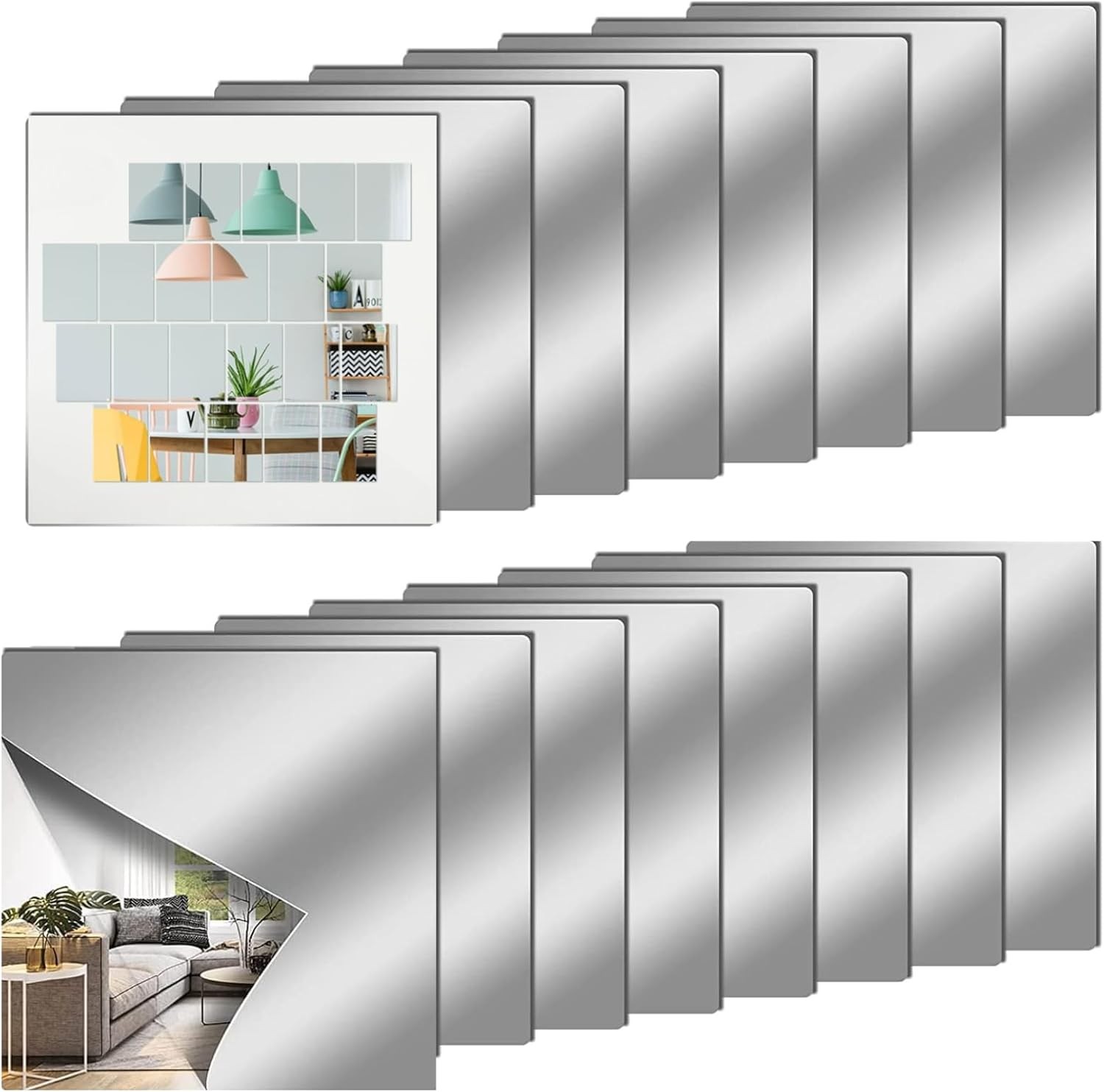 12″ x 12″ Acrylic Flexible Mirror Sheets 12 Pack Self-Adhesive Mirror Tiles