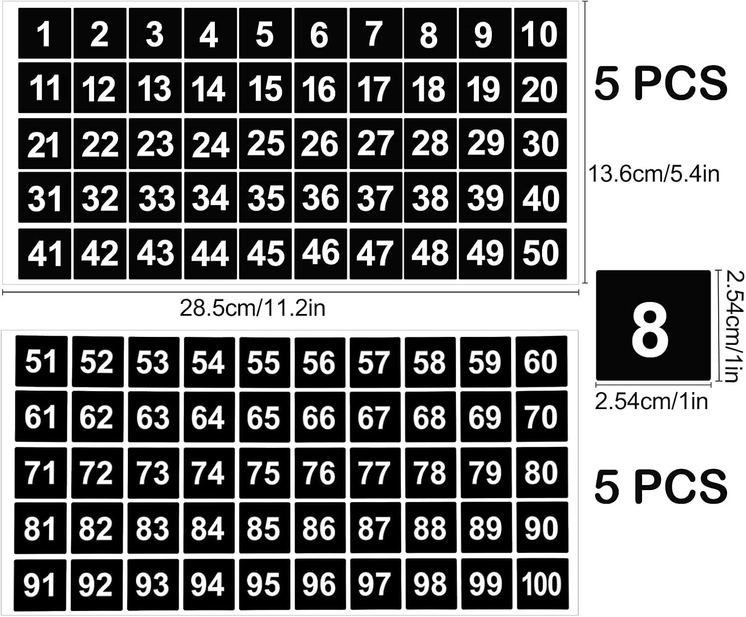 AIEX 10 Sheets Number Stickers 5 Sets of 1-100 Vinyl Square Number Sticker Water