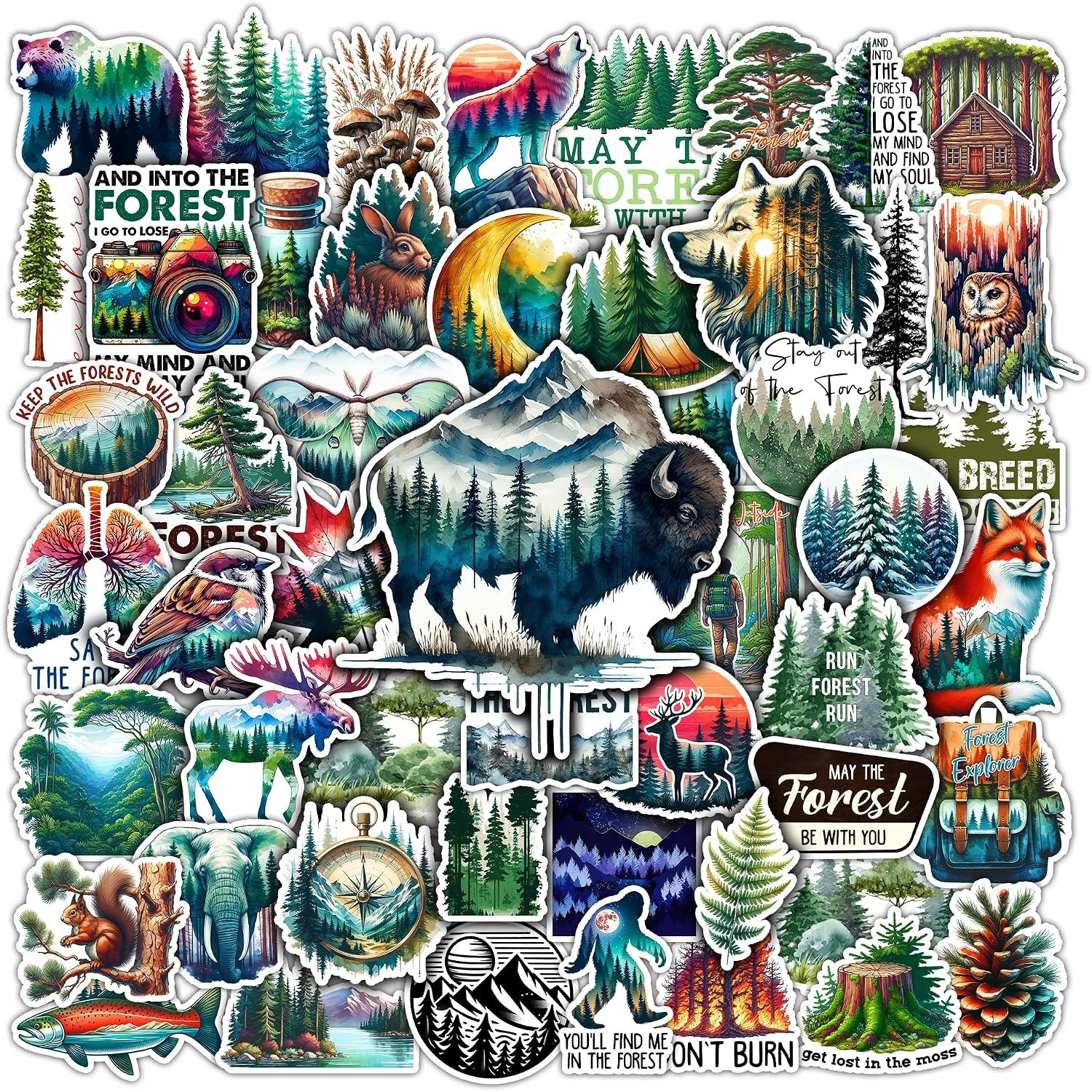 Pack 50 PCS Forest Stickers Trees Animals Waterproof Vinyl Decals Sticker Decor