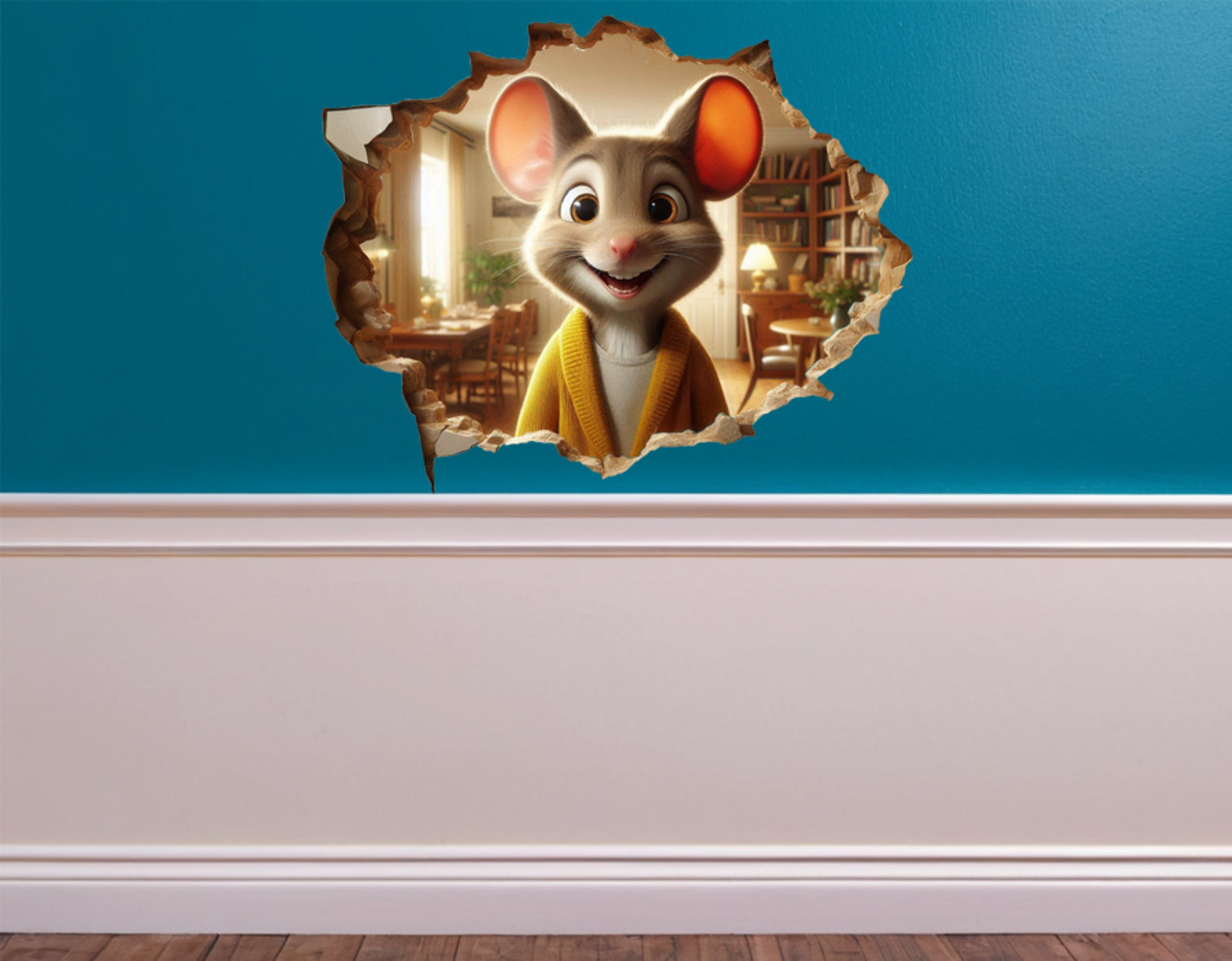 Realistic Mouse Hole Wall Decal – Tiny Mouse in Yellow Sweater Wall Sticker