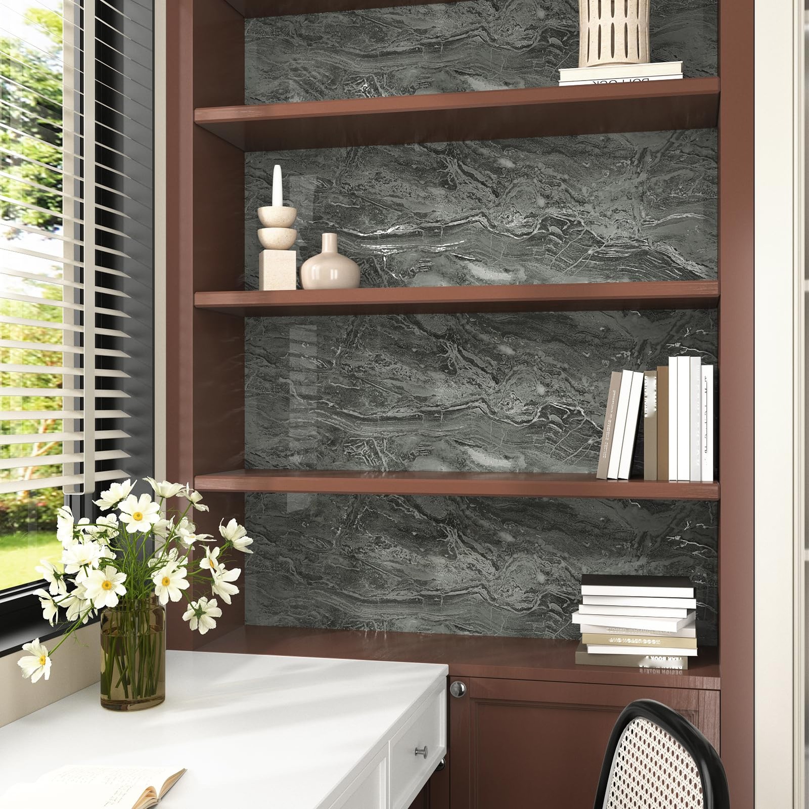 Glossy Black Marble Paper for Countertops 15.8»x236» Silver Granite Peel an…