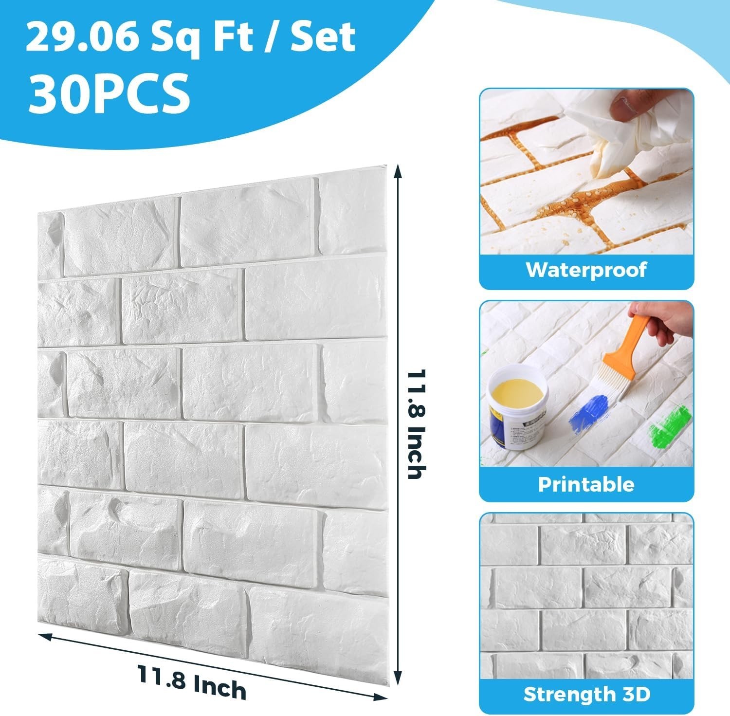 Transform Your Home with 30 Printable 3D White Brick Wall Panels – 29.07 sq ft