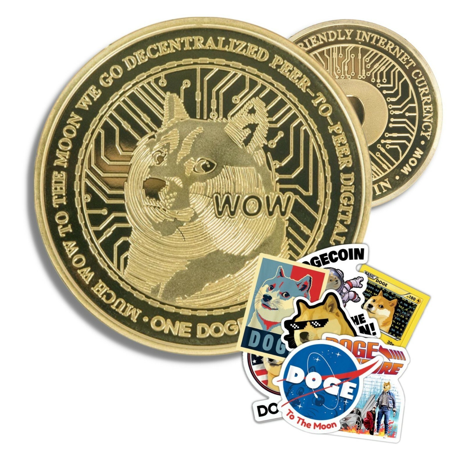Dogecoin Coin + 3x Random Sticker Pack | Premium Vinyl Decal
