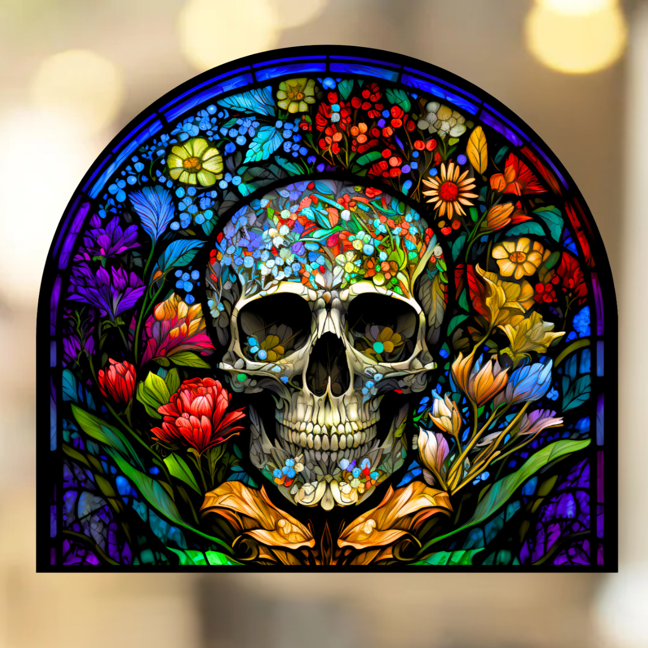 Sugar Skull Faux Stained-Glass WINDOW CLING Sun-catcher Size 8.9″ Vinyl
