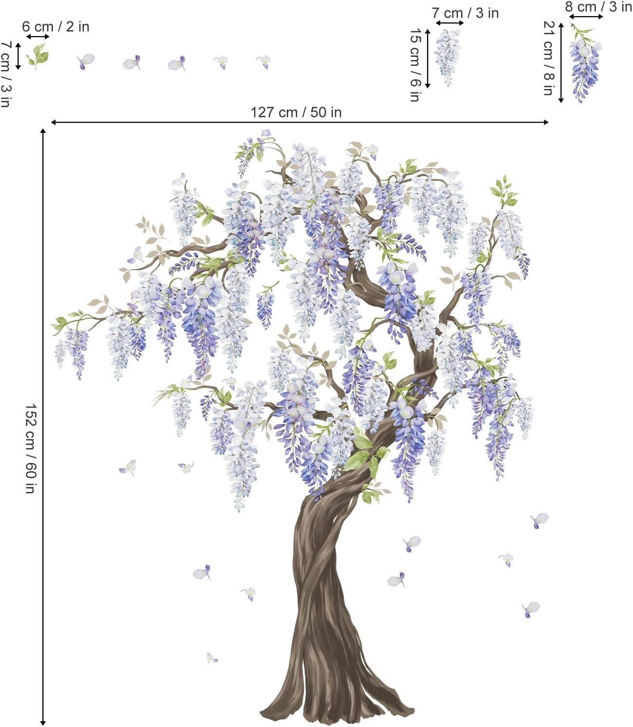 wondever Purple Flower Tree Wall Stickers Large Hanging Wisteria A