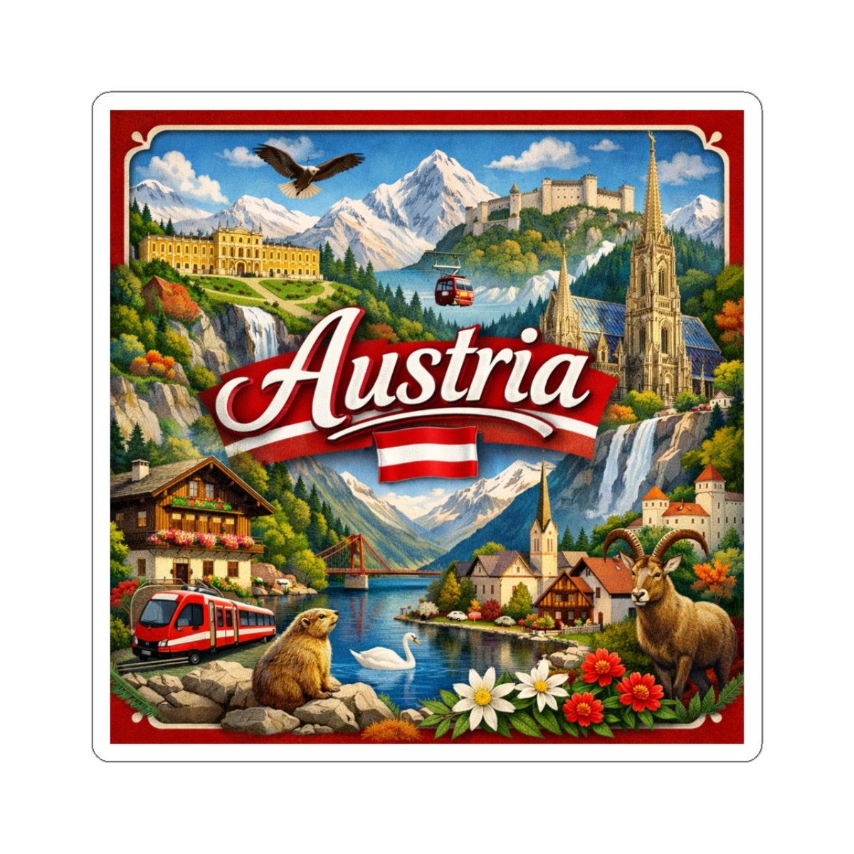Austria vintage travel collage Kiss-Cut Sticker | Alpine landmarks, Edelweiss