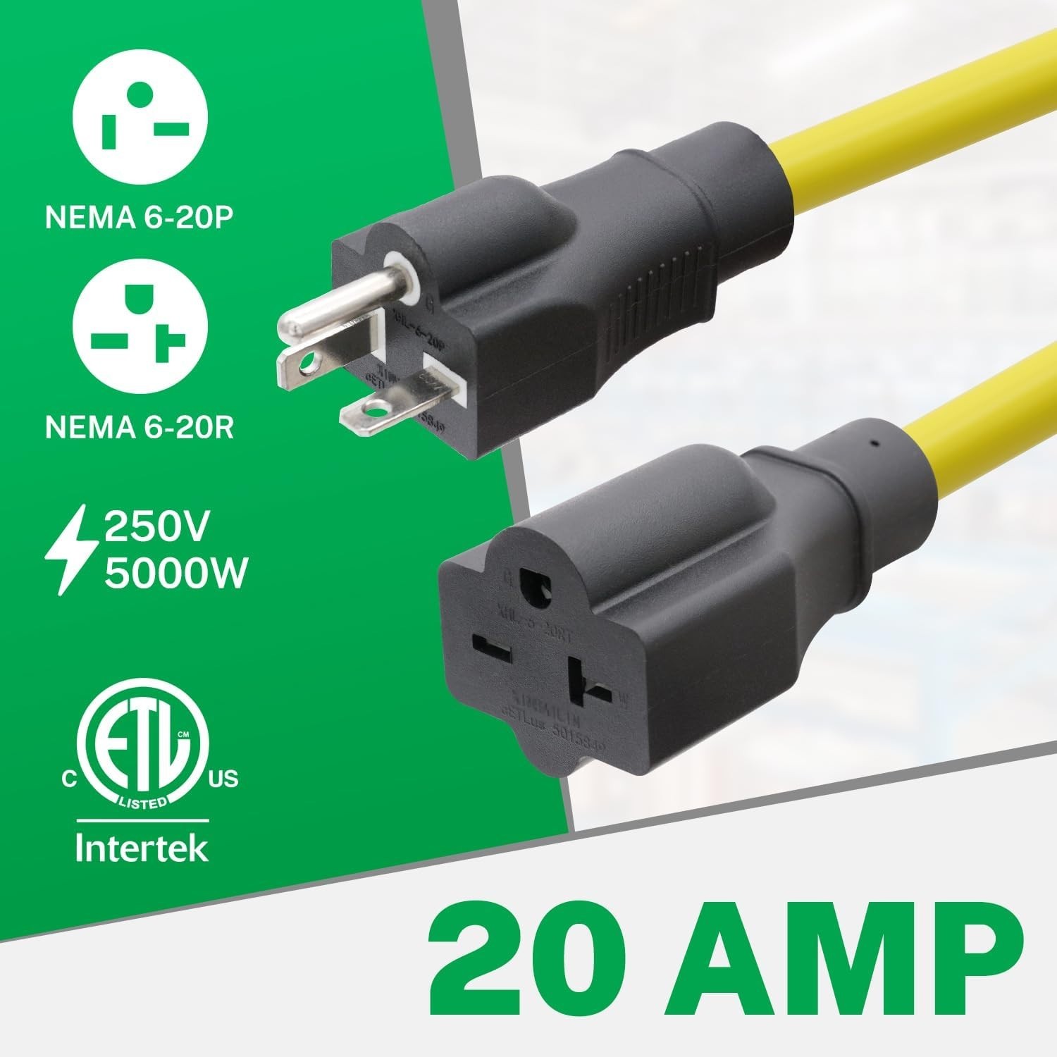 20 AMP 50 FT 12 Gauge Extension Cord, NEMA 6-20P to 6-20R 250 Volt
