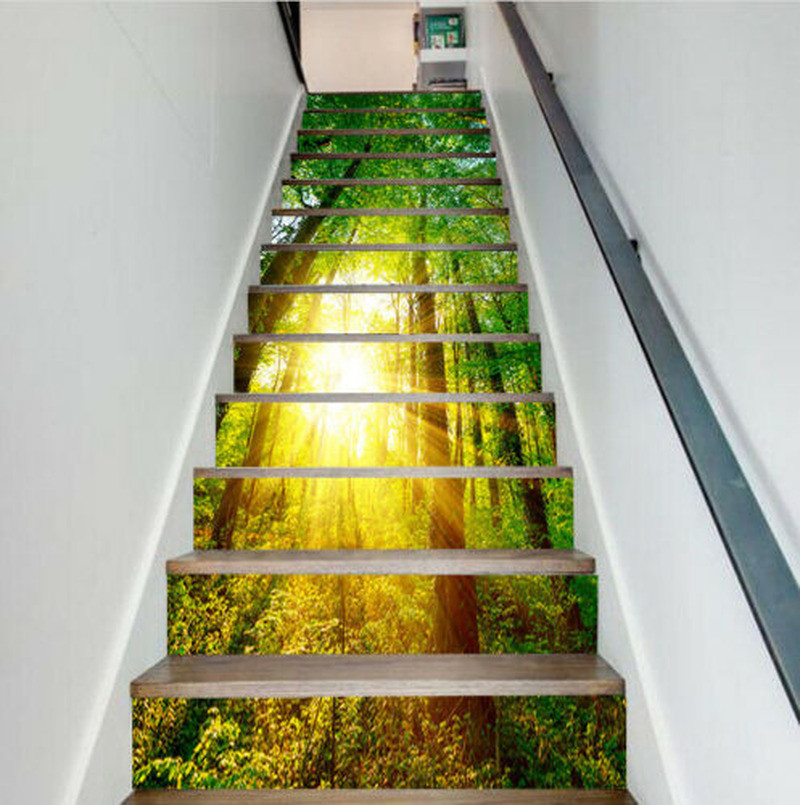 13pcs 3D Sunshine Green Forest Riser Decal Self-adhesive Staircase Stickers New