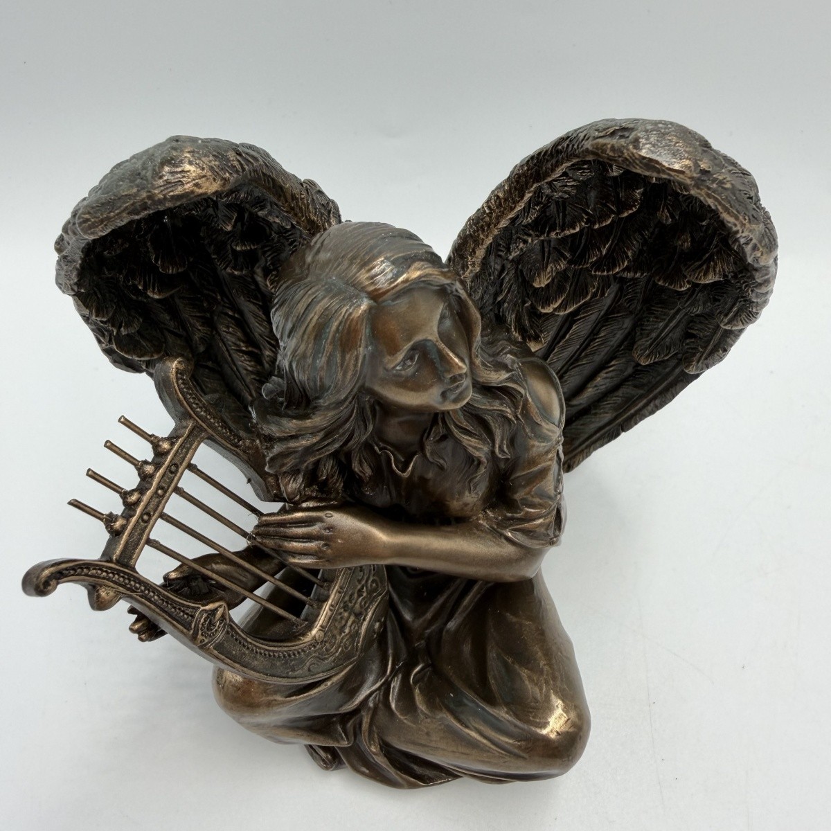 Veronese Angel with Harp Figurine Bronze Finish Resin Statue Spiritual Home Deco