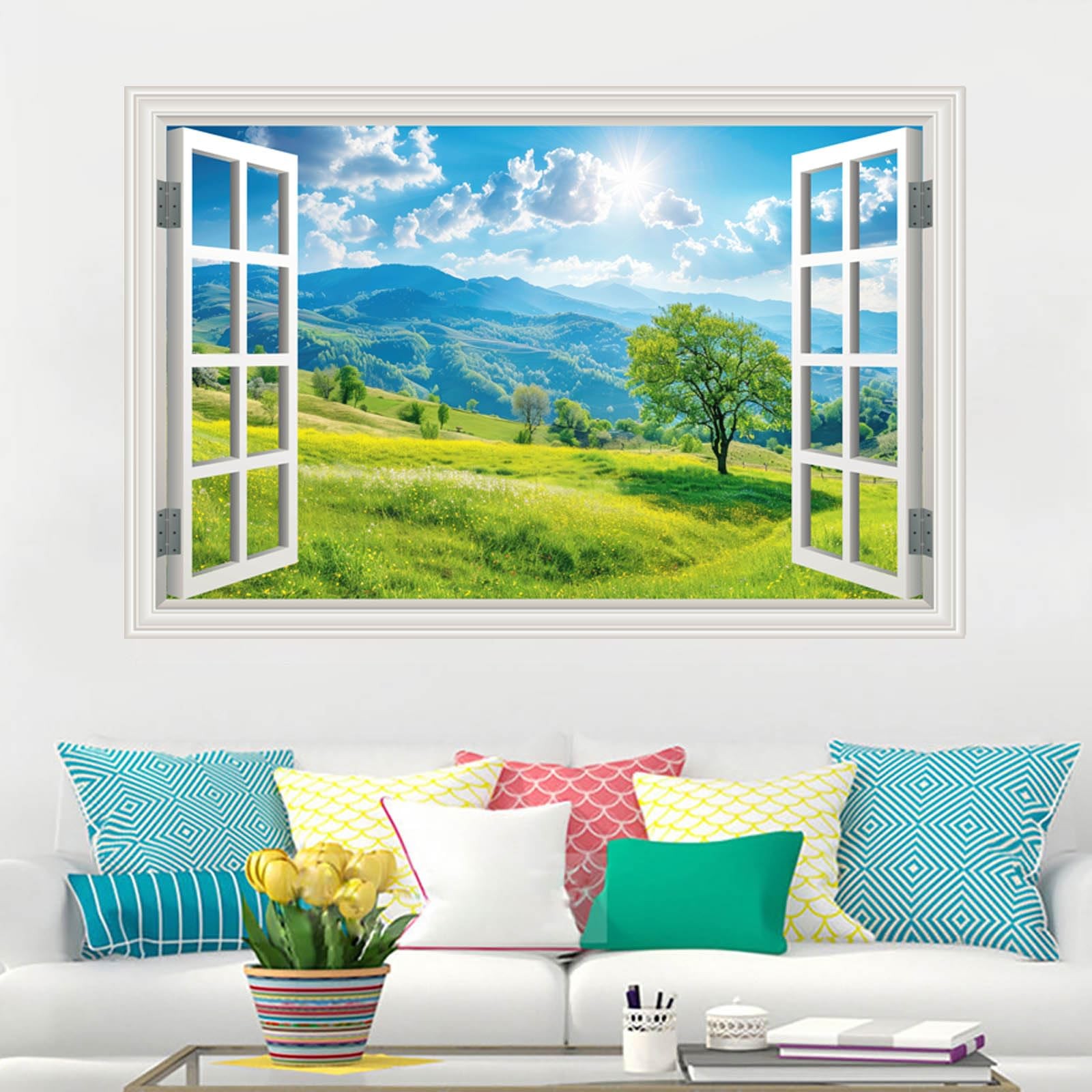 Fake Window Wall Decals Green Mountain Forest Tree Faux Window Sticker Poster…