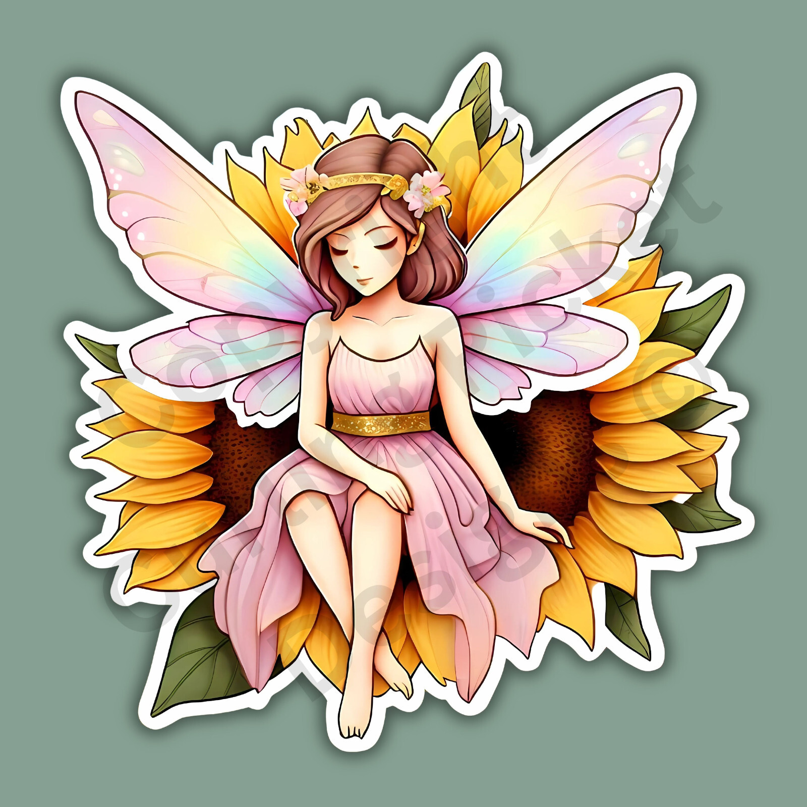 Fairy Sitting on a Sunflower Mystical Mythical Flower Cute 3″ Vinyl Sticker
