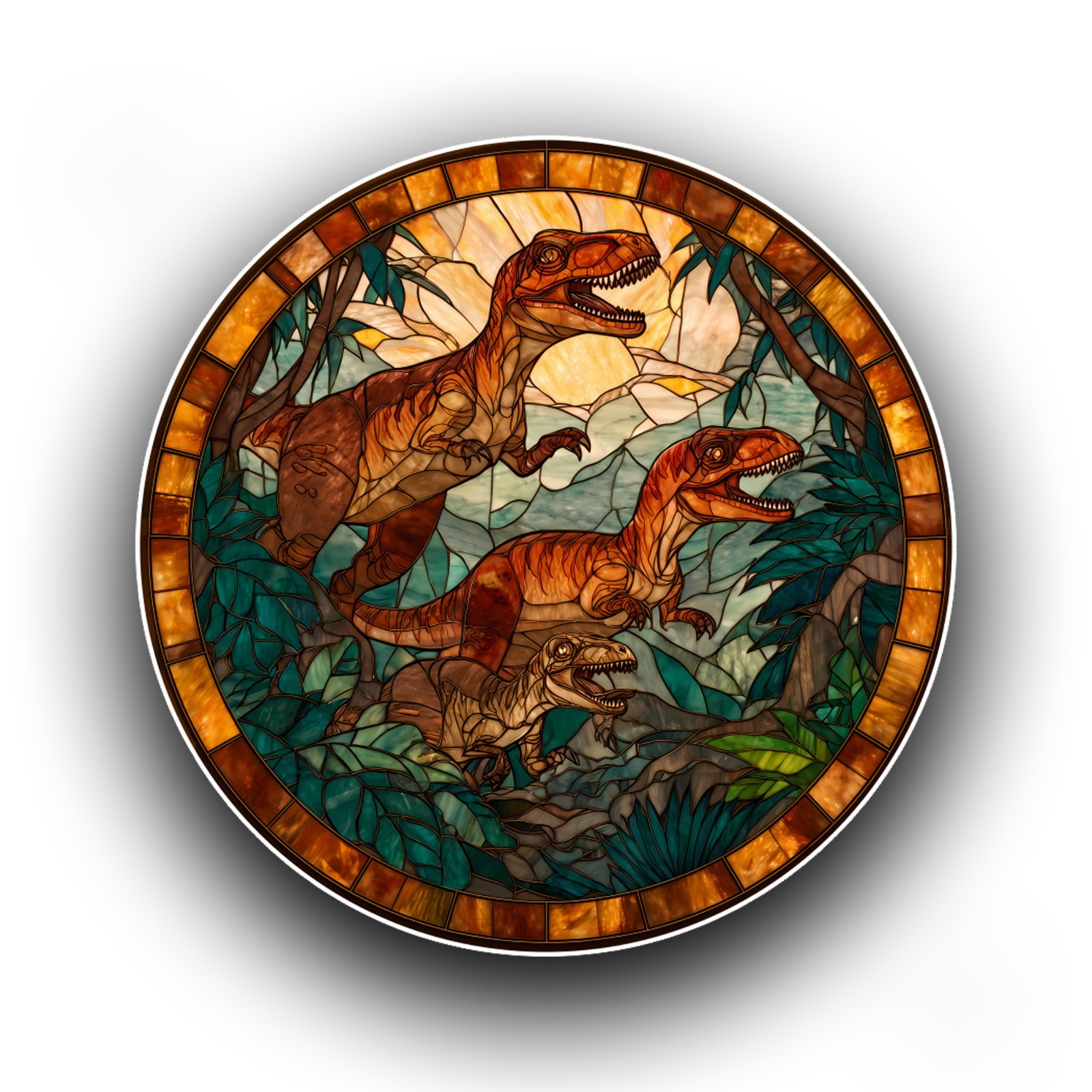 Velociraptor Dinosaur Prehistoric Stained Glass Style Opaque Vinyl Sticker Decal