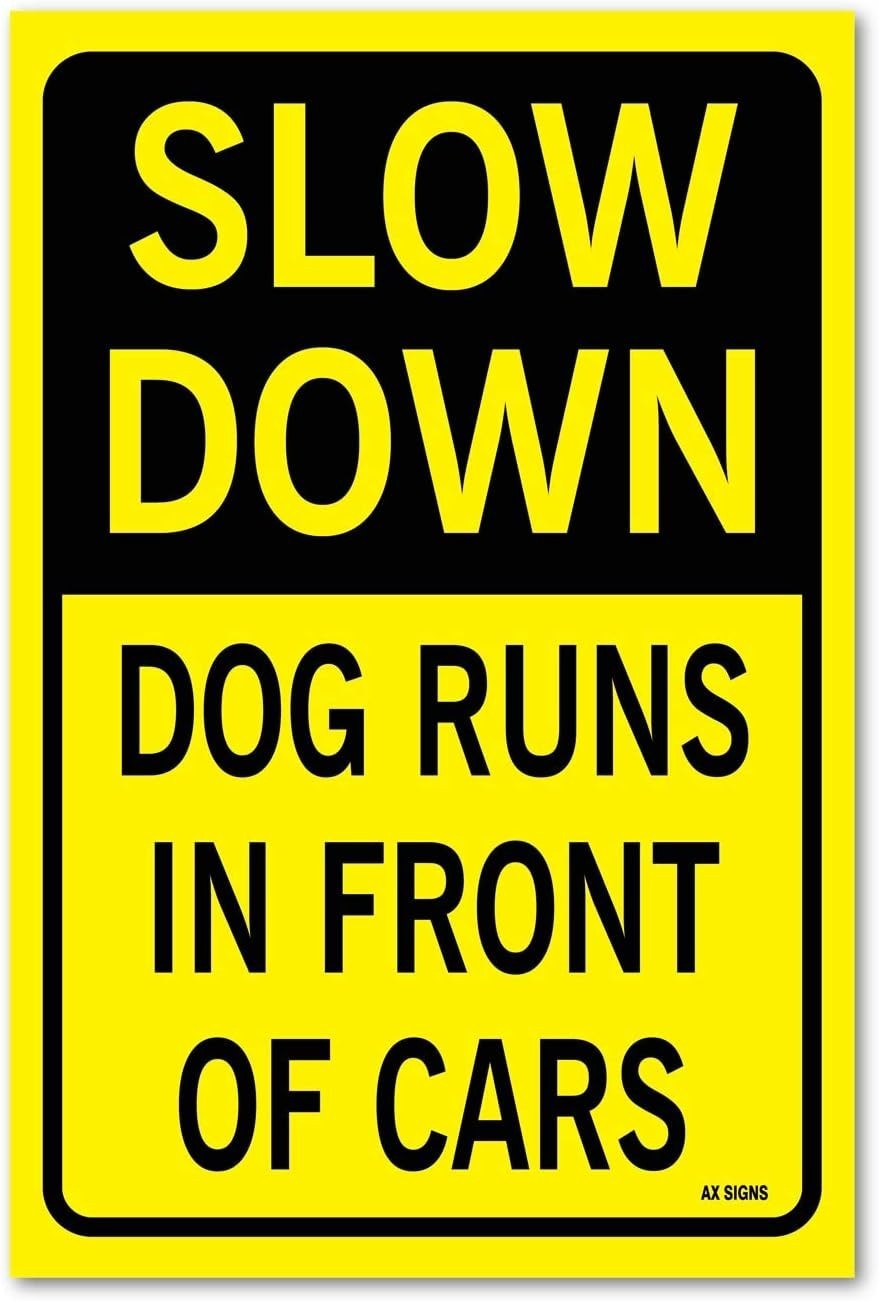 Slow Down: Dog Runs In Front Of Cars, Sticker Sign, 12×18 Inches