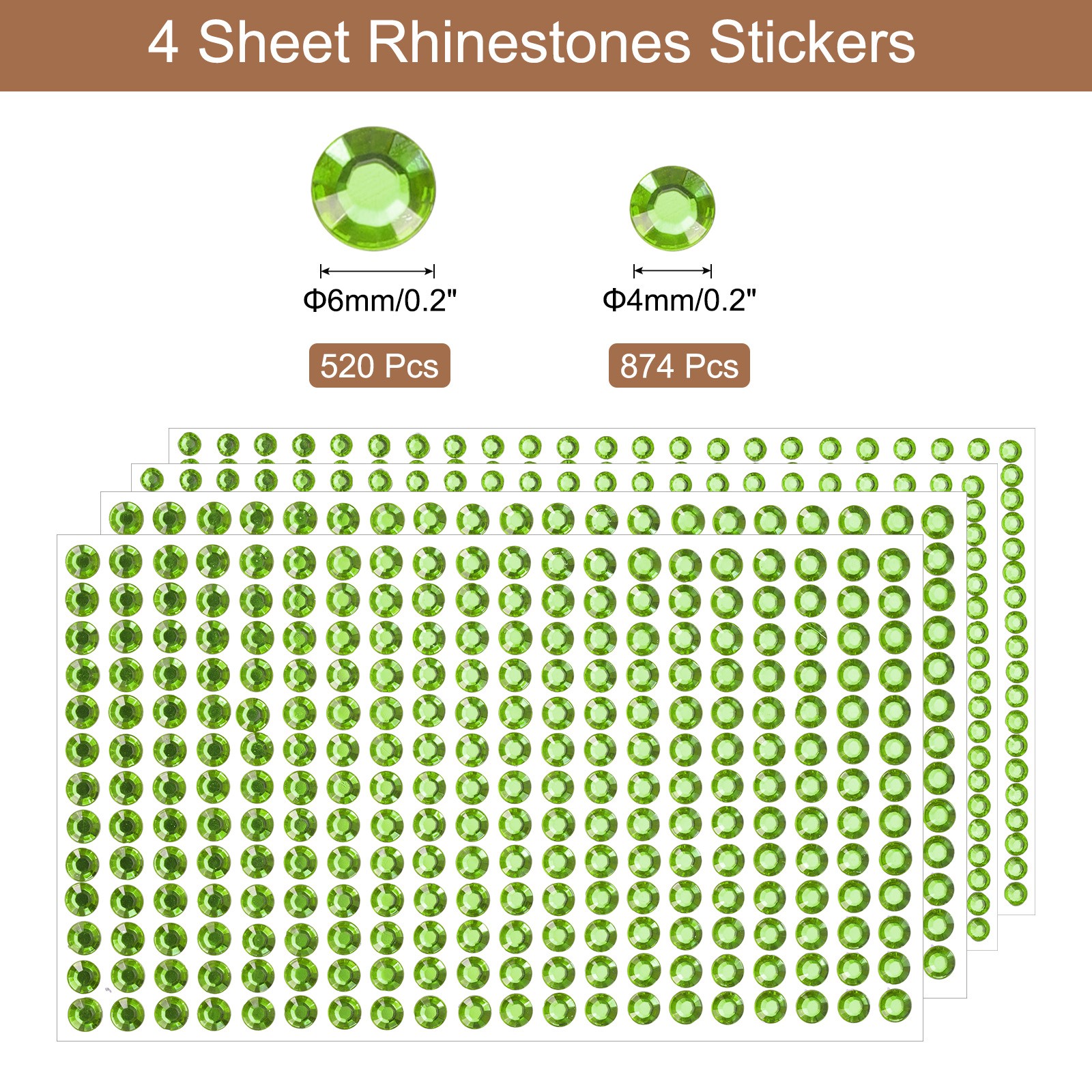 1394Pcs 4mm/6mm Self-Adhesive Rhinestone Stickers for Craft (4 Sheet Green)