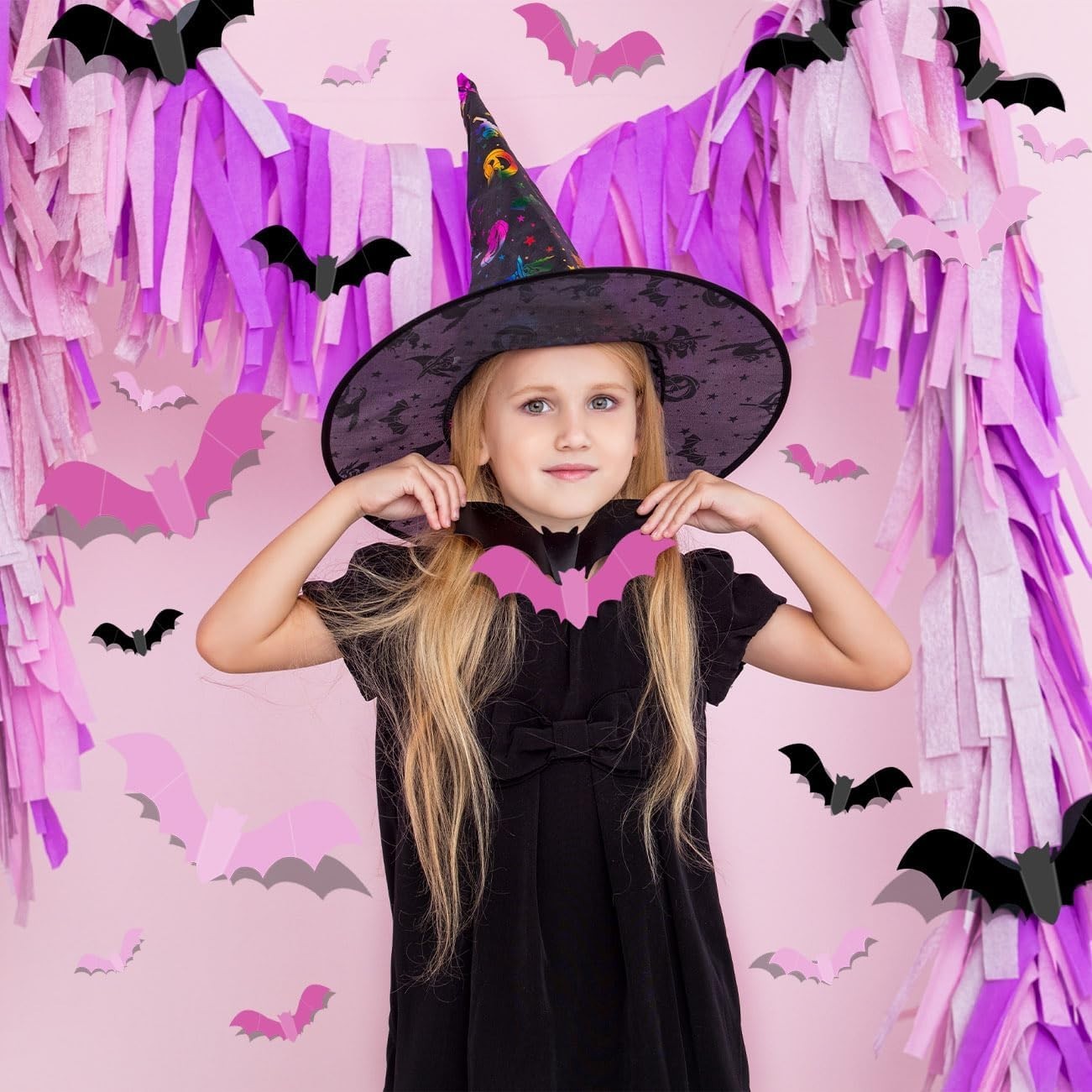 Charming 48PCS Pink Bat Wall Stickers – Glittery Halloween Accent Decor