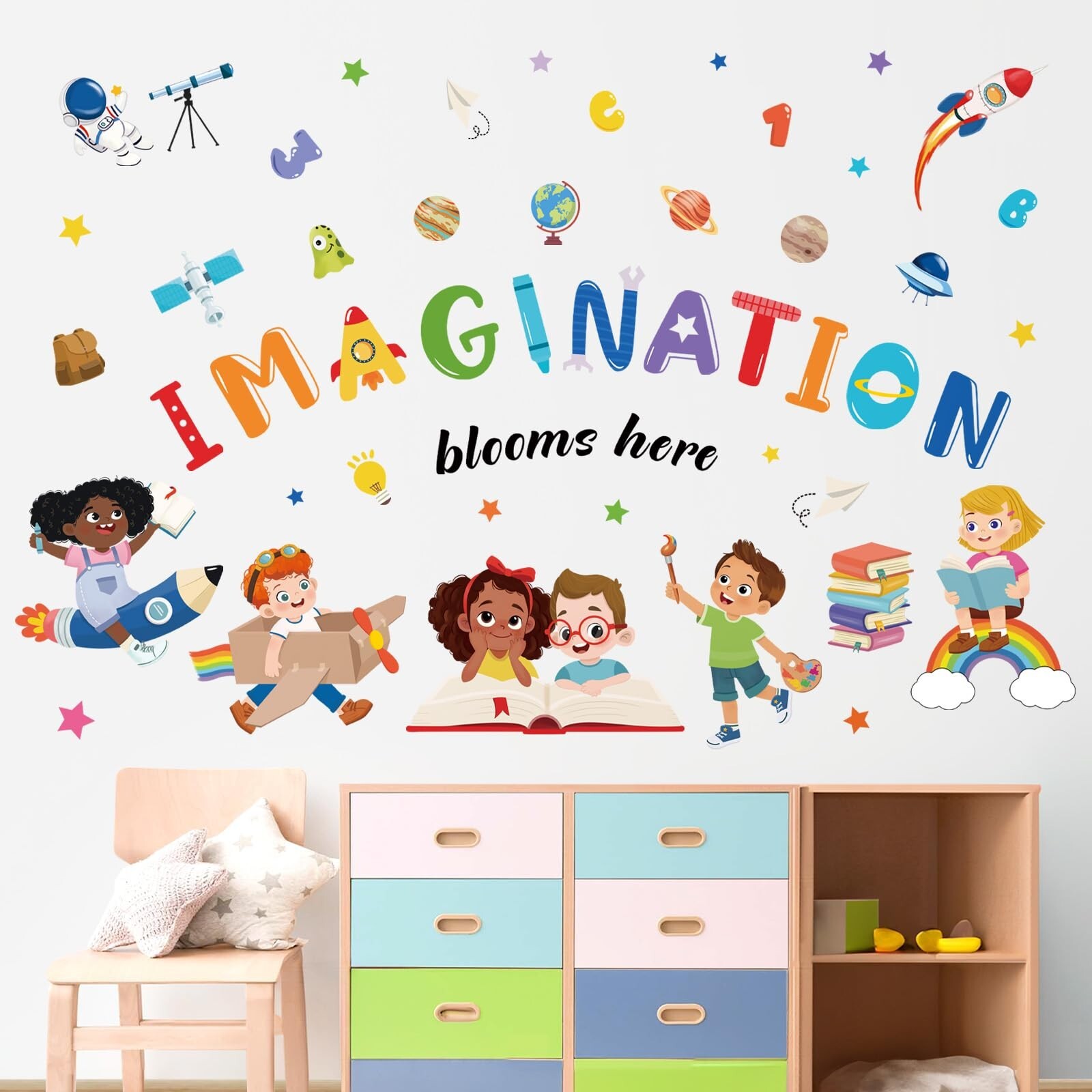 wondever Kids Inspirational Quotes Wall Decals Imagination Blooms Here Readin…