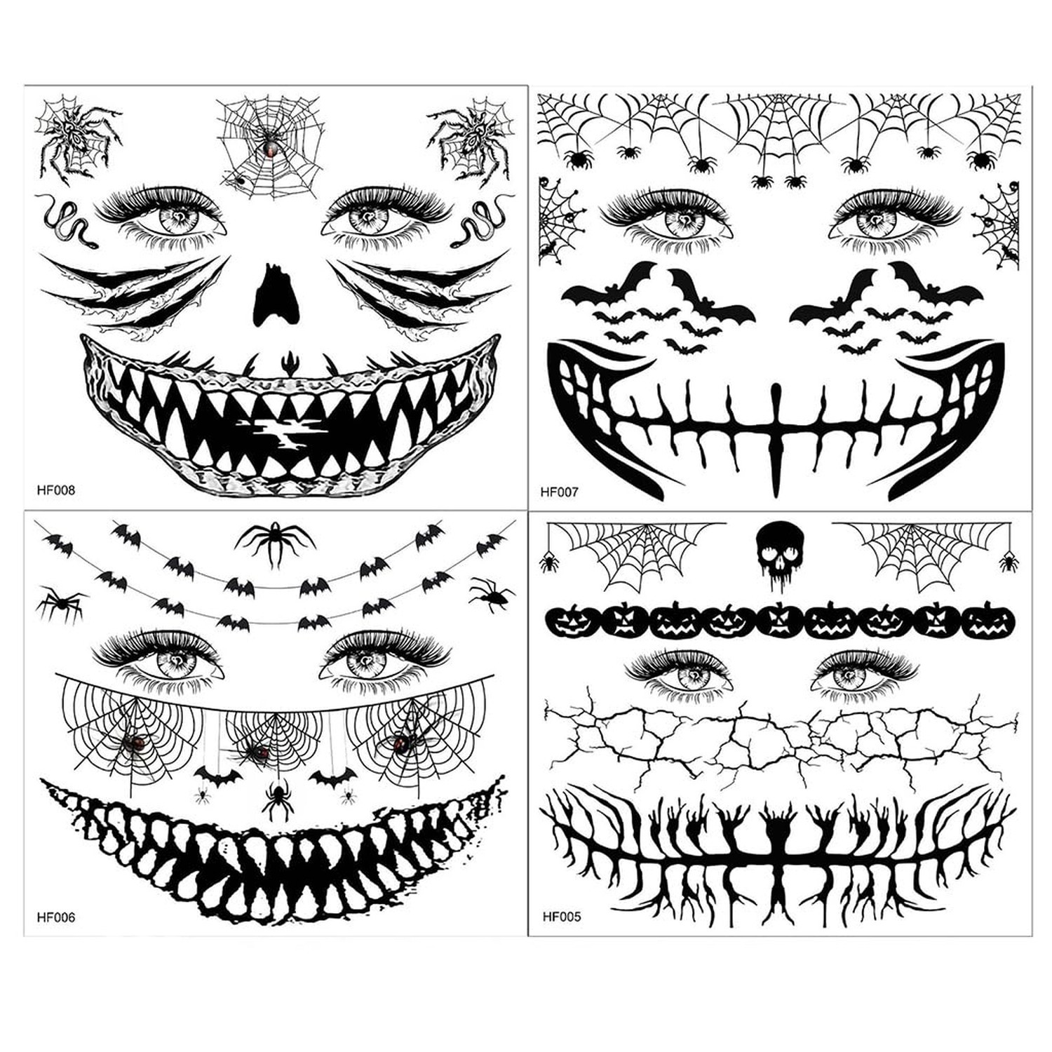 8 Sheets Halloween Face Temporary Tattoo Stickers Skeleton Mouth Tattoos 3D S…