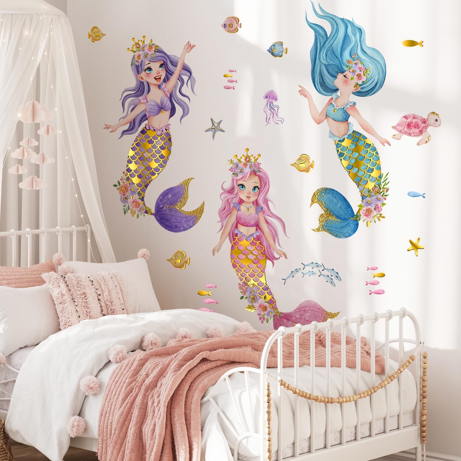 Watercolor Mermaid Wall Stickers Colorful Under The Sea Ocean Fish Wall Decal…