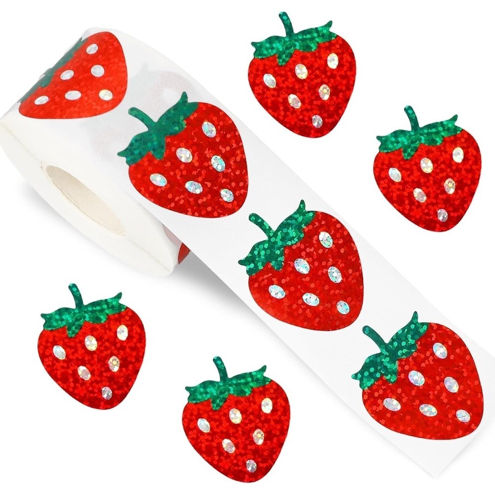500 Pcs Strawberry Shaped Holographic Labels Coated Paper for Various Uses