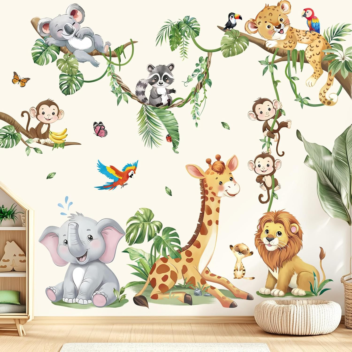 Safari Animals Tree Branch Wall Stickers Jungle Animals Giraffe Elephant Leopard
