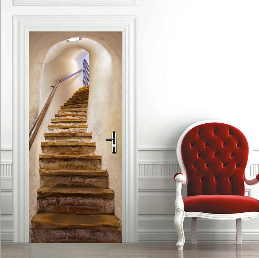 Door, Wall or Fridge STICKER – Vintage Stairs Waterproof 3D Mural Decal Cover