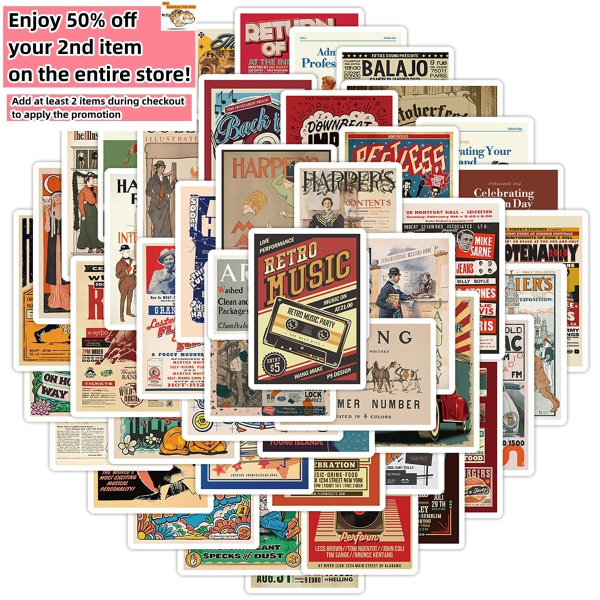 50 Pcs Stickers Vinyl Retro Vintage Posters Laptop Luggage Fridge Phone Car